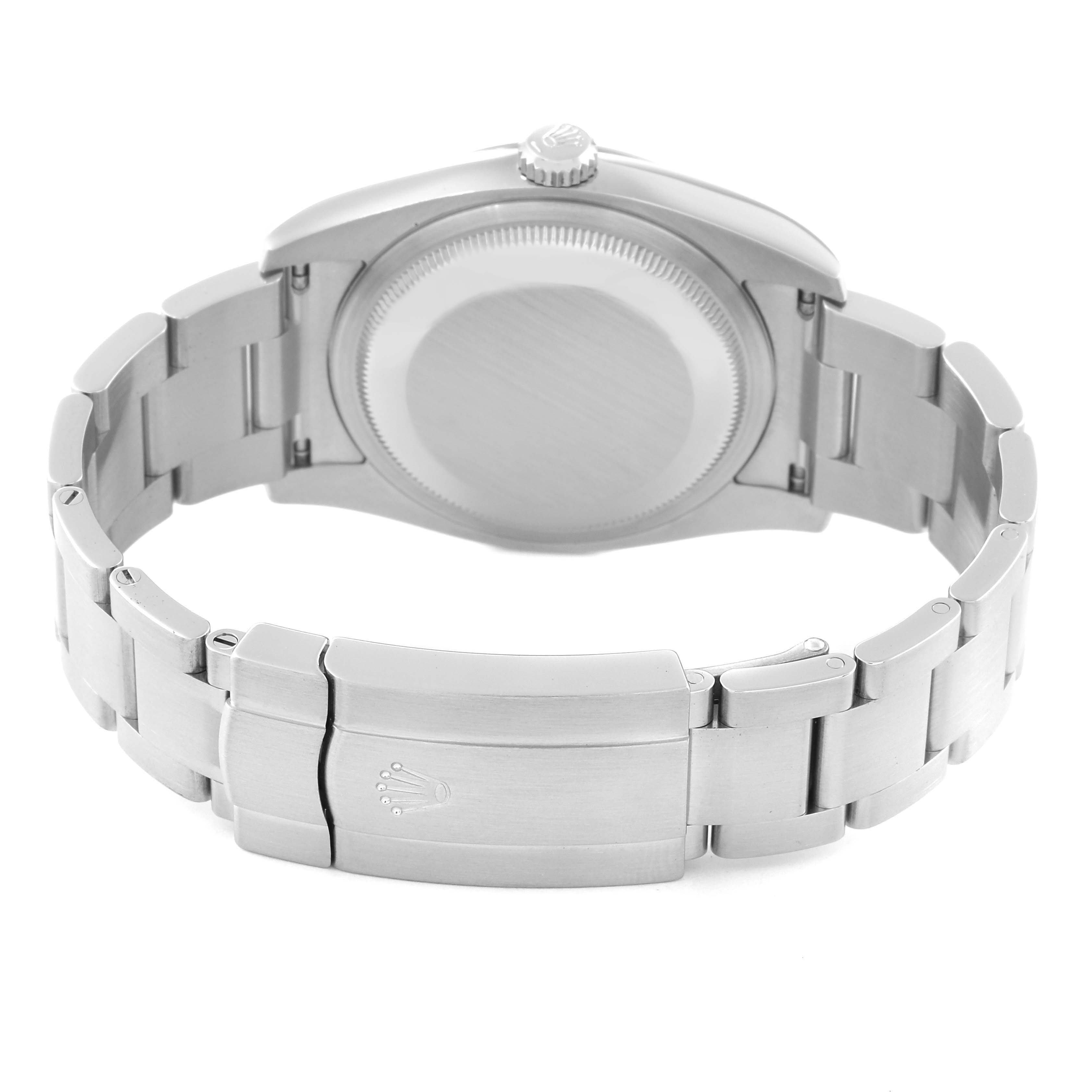 This image shows the backside of a Rolex Oyster Perpetual 116000 Men's Stainless Steel Black Dial 116000 Men's Stainless Steel Black Dial watch, highlighting the caseback, bracelet, and clasp.