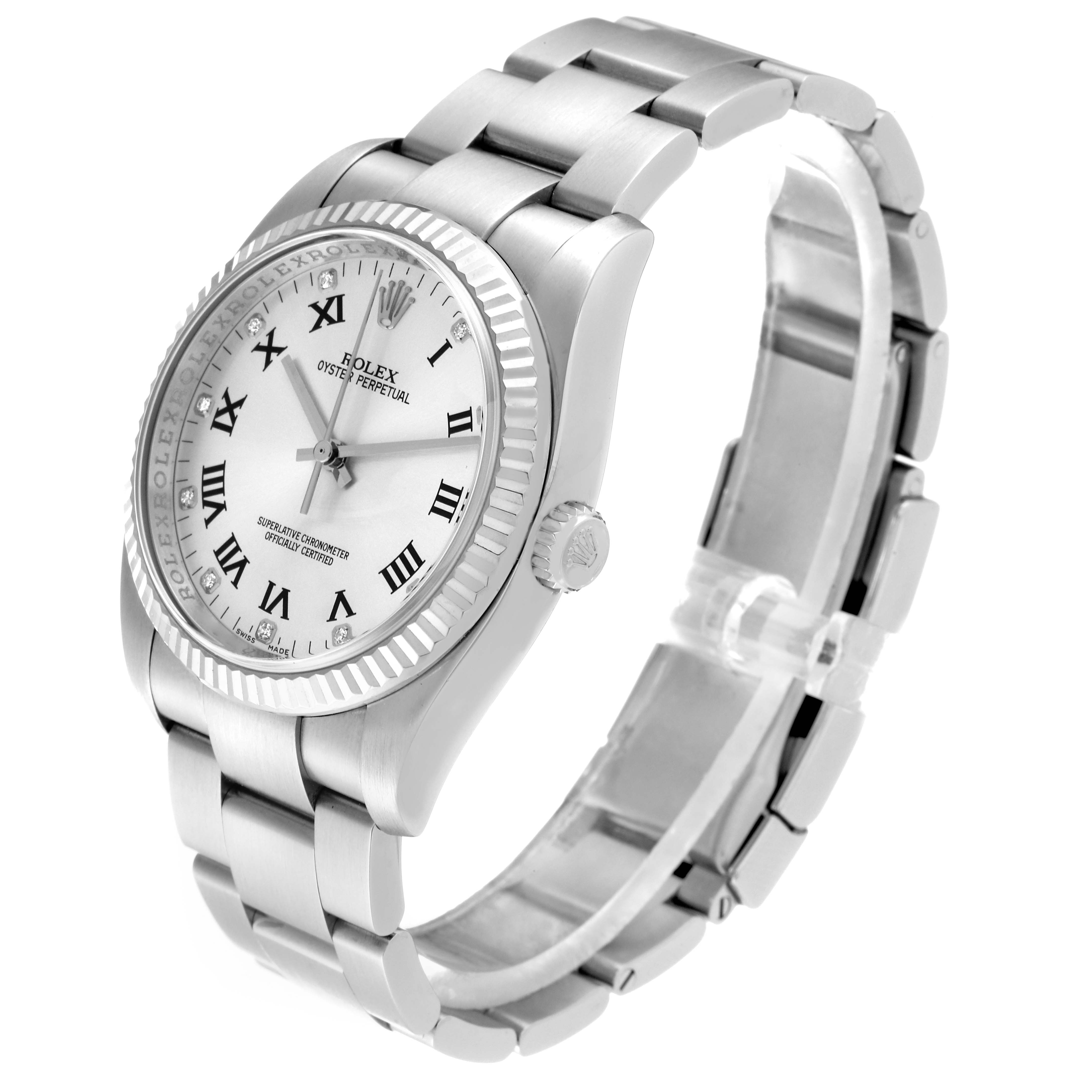 The image shows a Rolex Oyster Perpetual 116034 Men's Steel and Gold (two tone) Silver Dial 116034 Men's Steel and Gold (two tone) Silver Dial watch from a front-side angle, highlighting its face, bezel, and bracelet.