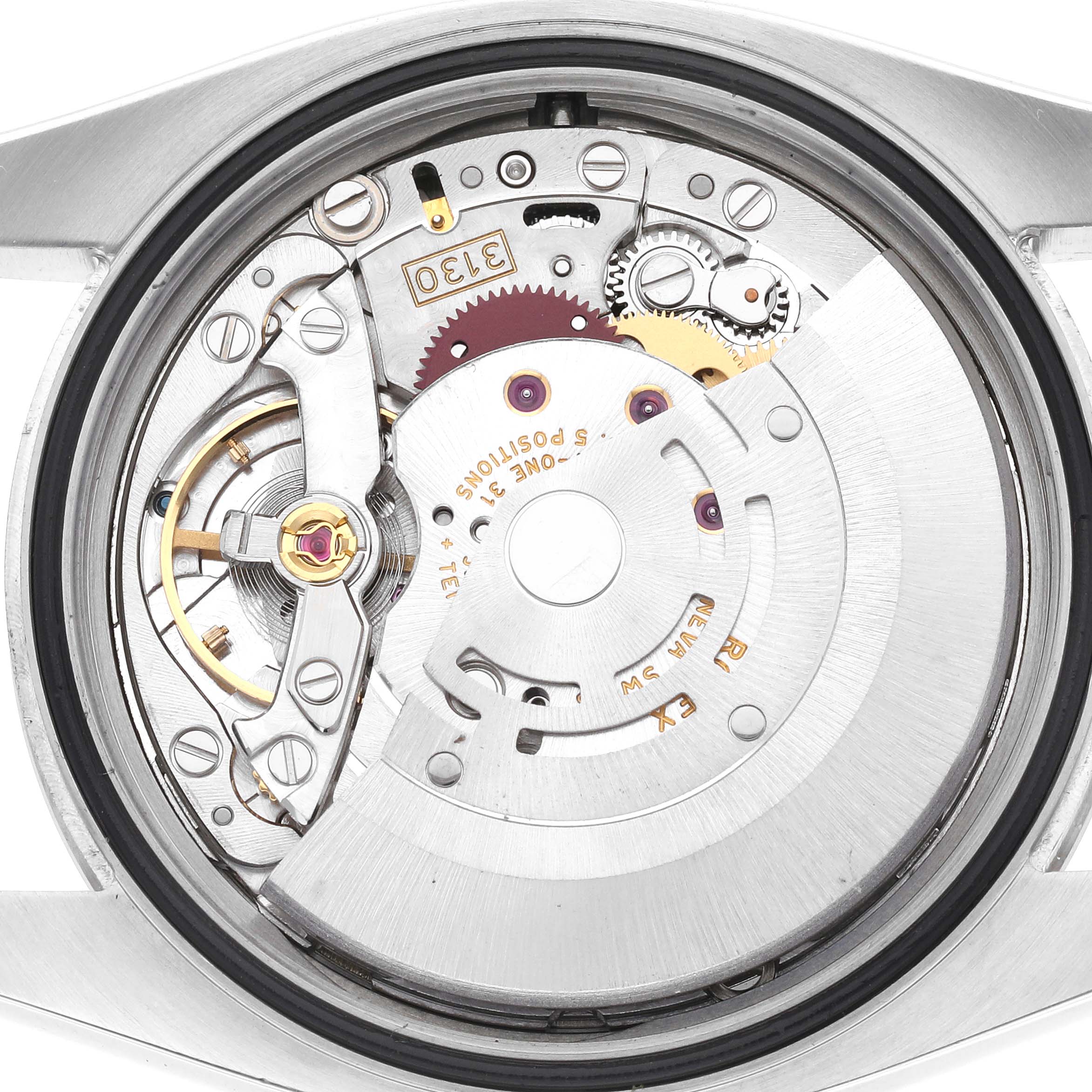 This is an image of the internal mechanical movement of a Rolex Oyster Perpetual 116034 Men's Steel and Gold (two tone) Silver Dial 116034 Men's Steel and Gold (two tone) Silver Dial watch, viewed from the back case.
