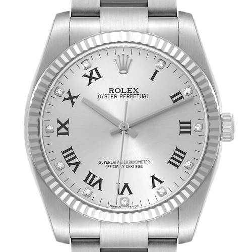 The image shows a frontal view of a Rolex Oyster Perpetual watch, displaying its dial, bezel, crown, and part of the bracelet.