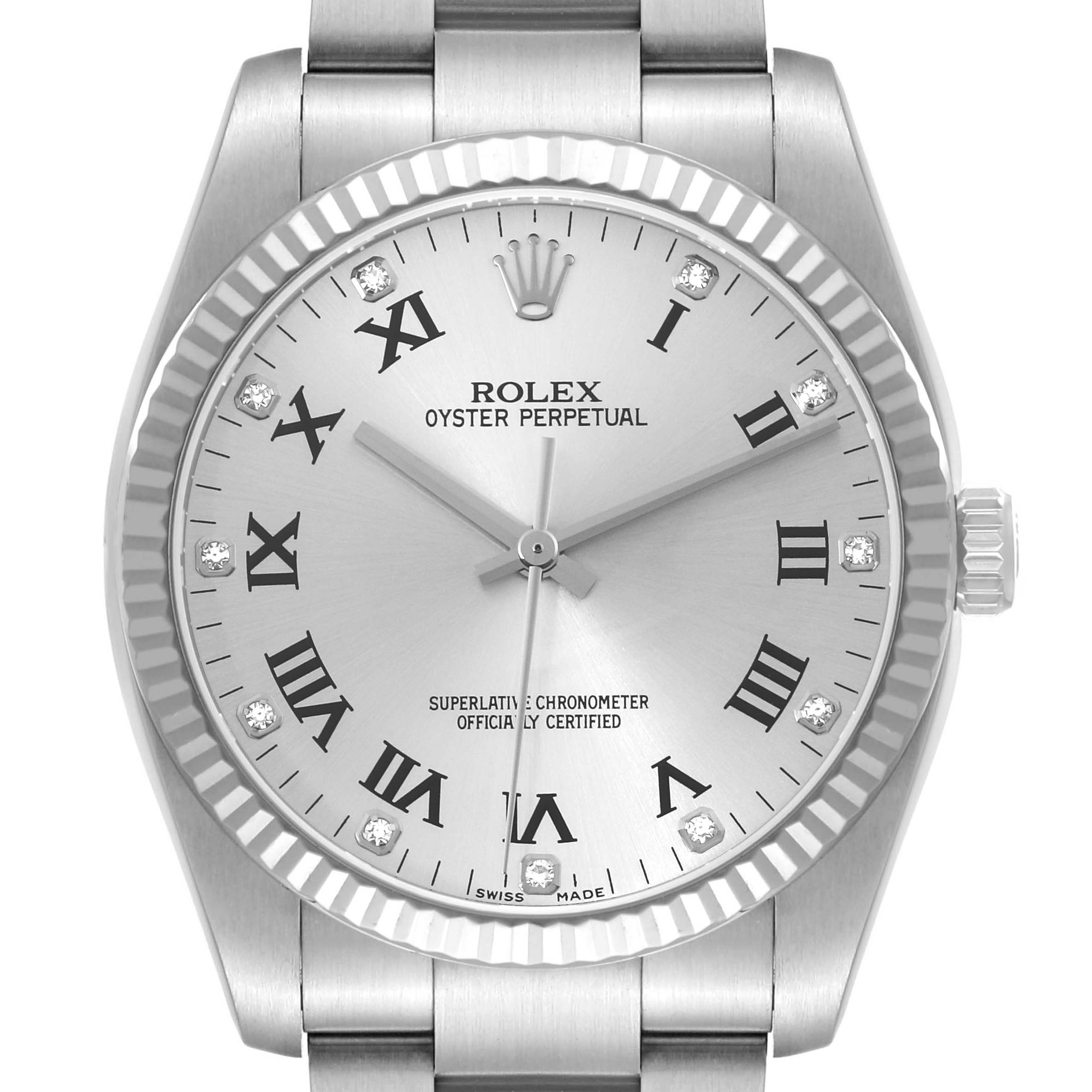 The image features a frontal view of a Rolex Oyster Perpetual 116034 Men's Steel and Gold (two tone) Silver Dial 116034 Men's Steel and Gold (two tone) Silver Dial watch, showcasing its dial, bezel, and part of the bracelet.