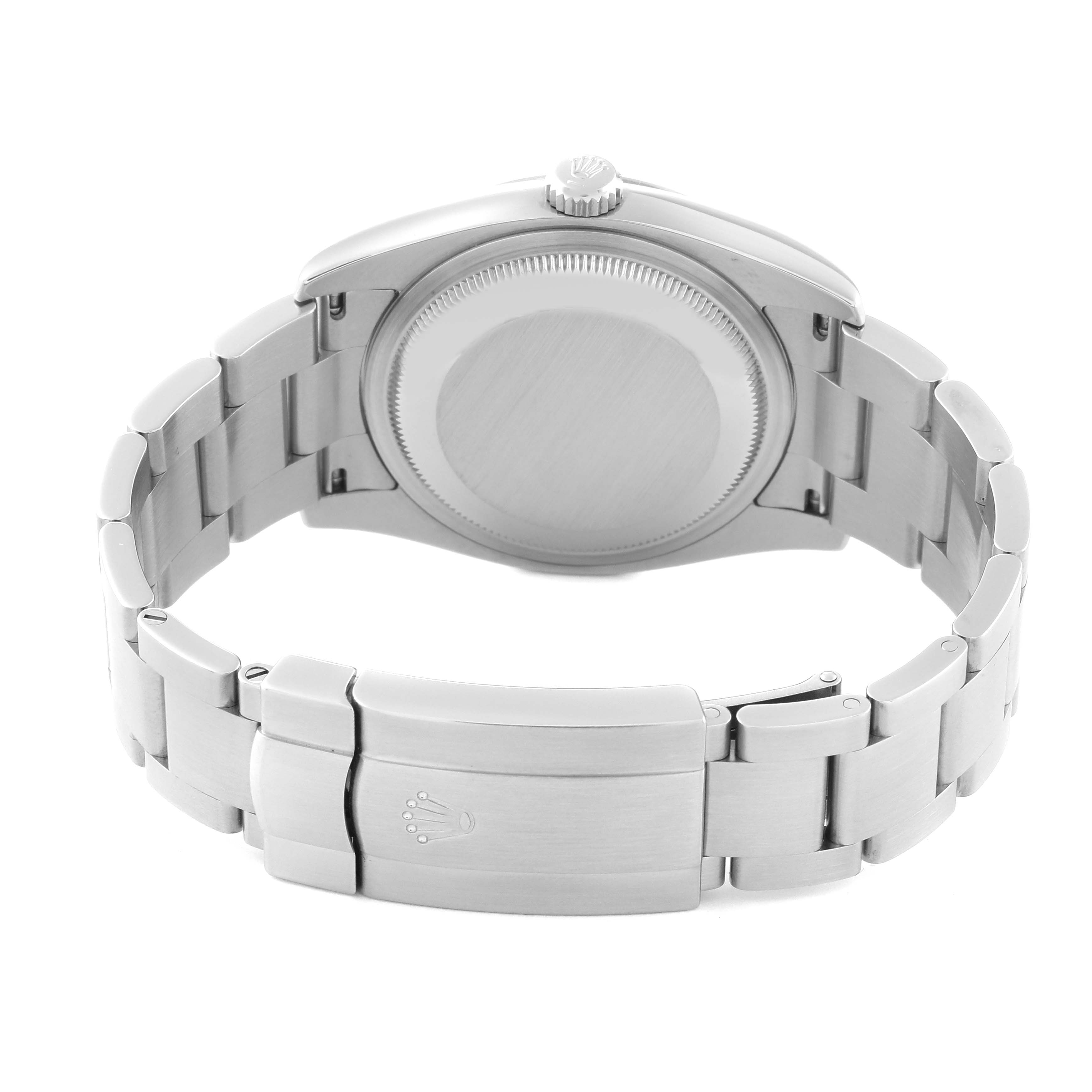 The image shows the back view of the Rolex Oyster Perpetual 116034 Men's Steel and Gold (two tone) Silver Dial 116034 Men's Steel and Gold (two tone) Silver Dial watch, highlighting its case back and bracelet with clasp.