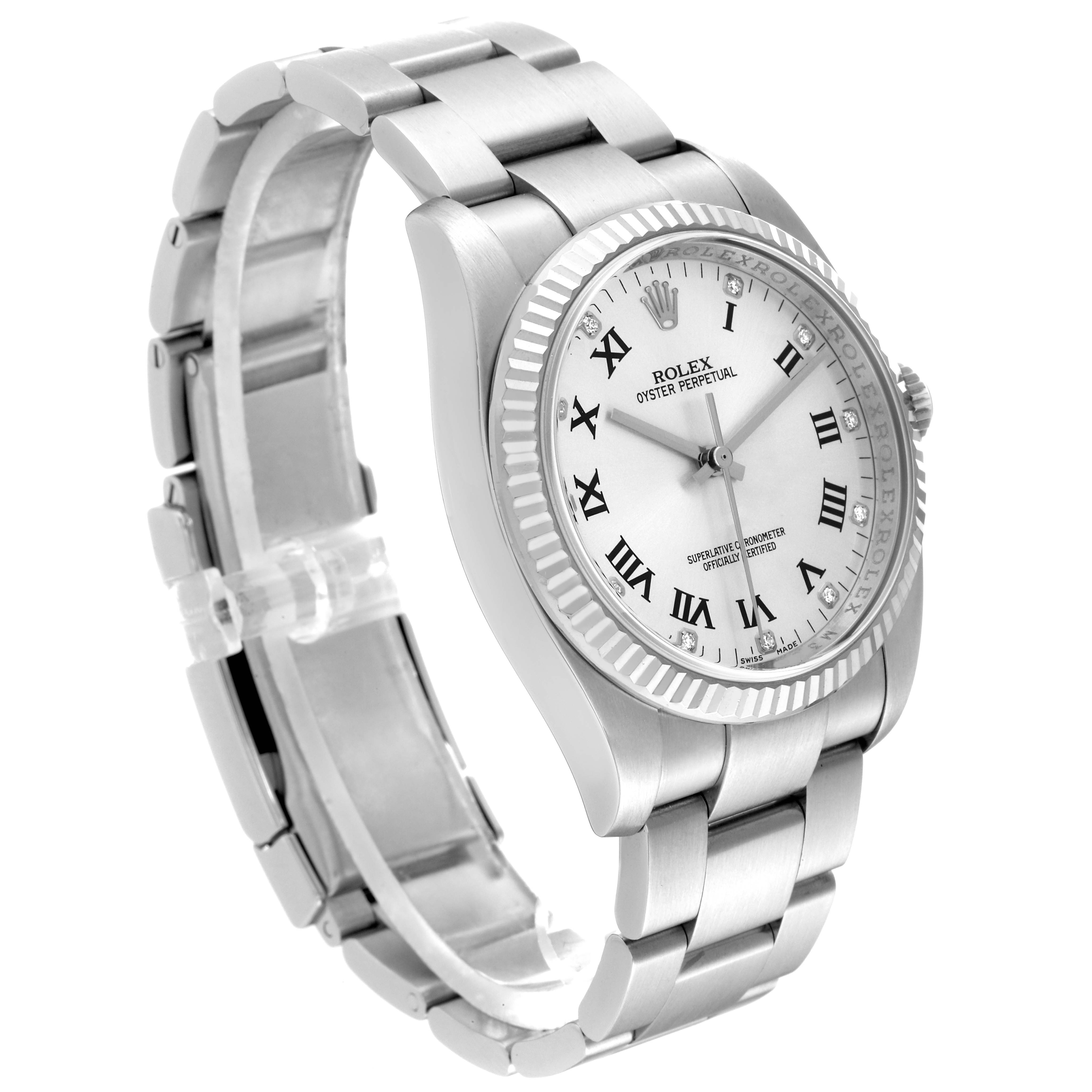 This image shows a side angle of a Rolex Oyster Perpetual 116034 Men's Steel and Gold (two tone) Silver Dial 116034 Men's Steel and Gold (two tone) Silver Dial watch, showcasing its face, bezel, and bracelet.