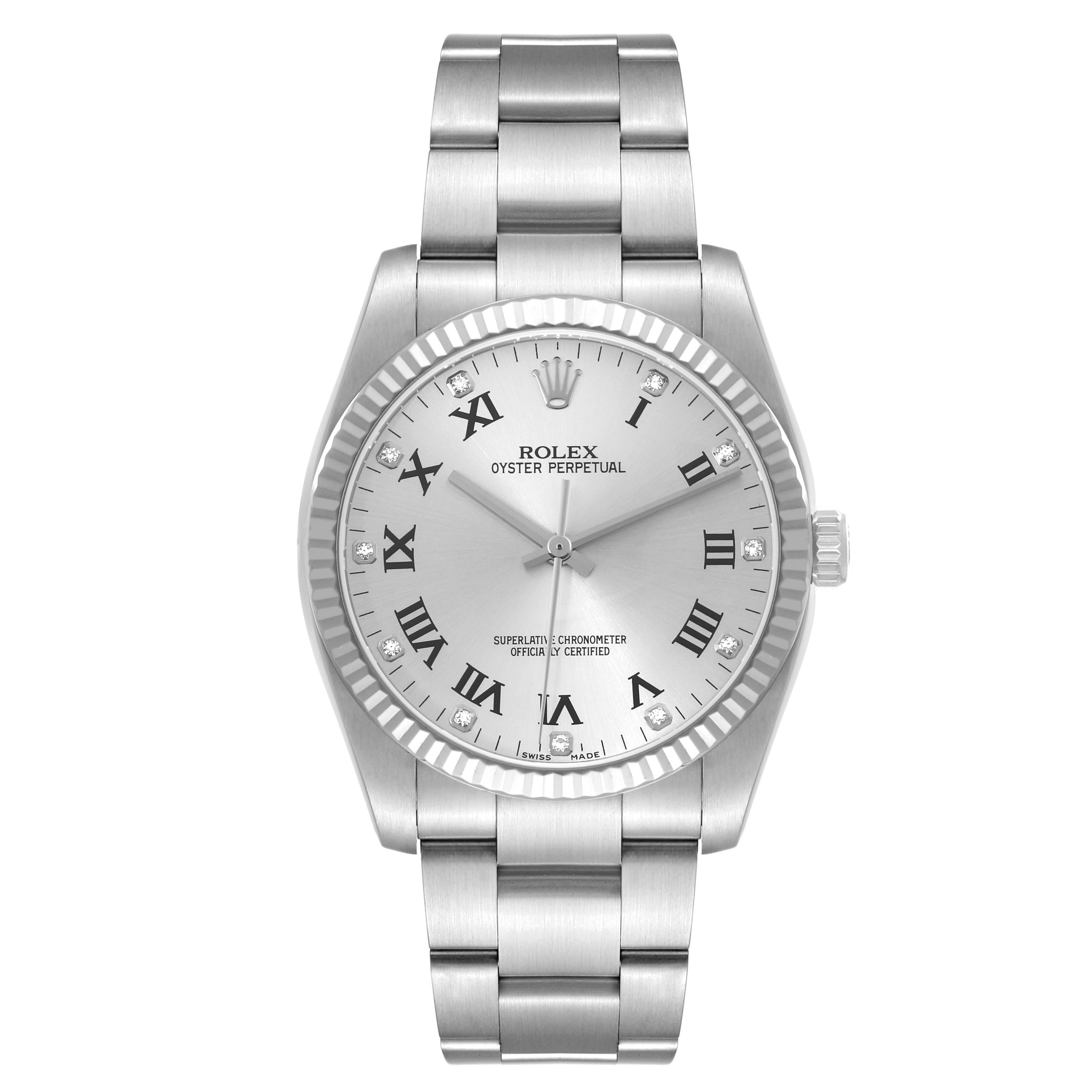 The image shows a full, front-facing view of a Rolex Oyster Perpetual 116034 Men's Steel and Gold (two tone) Silver Dial 116034 Men's Steel and Gold (two tone) Silver Dial watch with Roman numerals and silver dial.