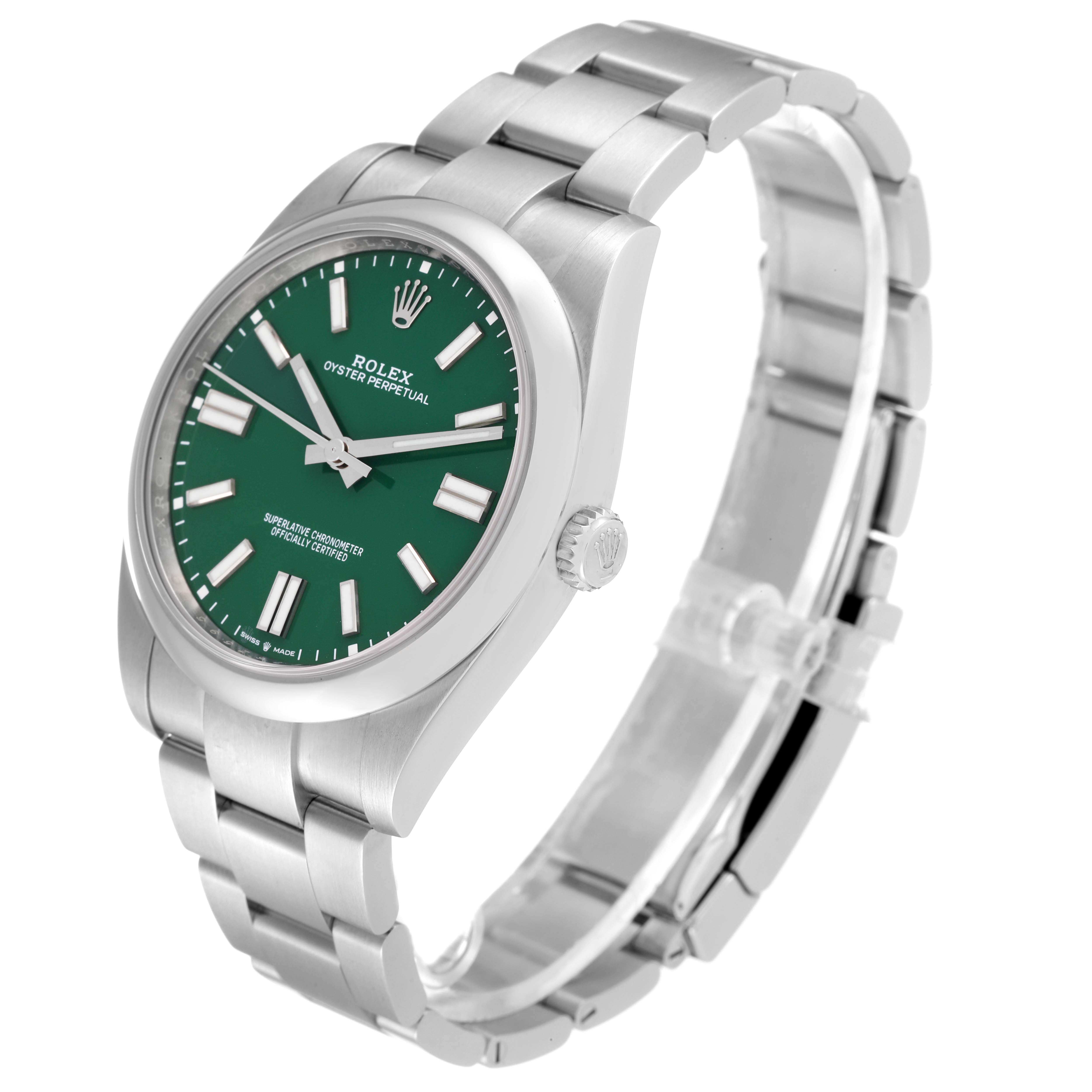 This image shows a Rolex Oyster Perpetual 124300 Men's Stainless Steel Green Dial 124300 Men's Stainless Steel Green Dial watch from an upper front angle highlighting its face and bracelet.