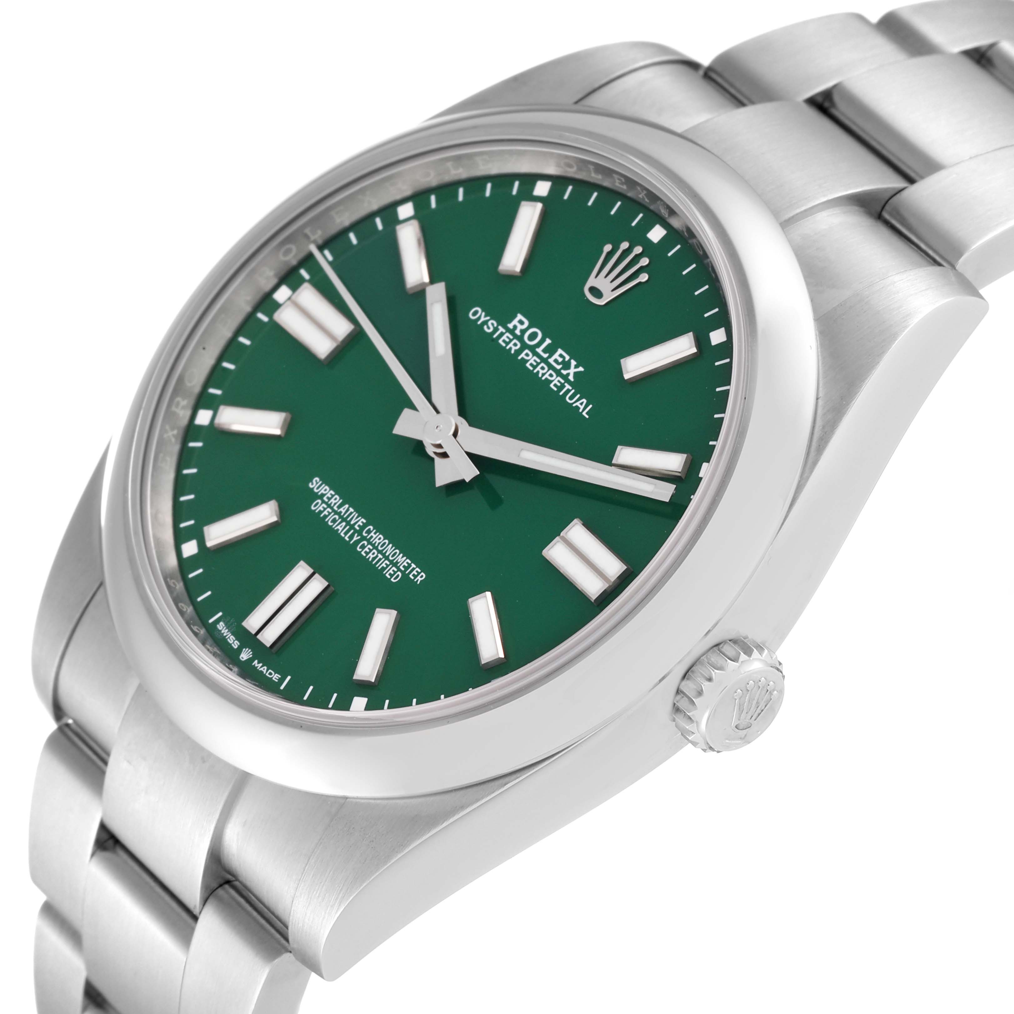 The image shows a side-angle view of a Rolex Oyster Perpetual 124300 Men's Stainless Steel Green Dial 124300 Men's Stainless Steel Green Dial watch, highlighting its green dial and stainless steel bracelet.