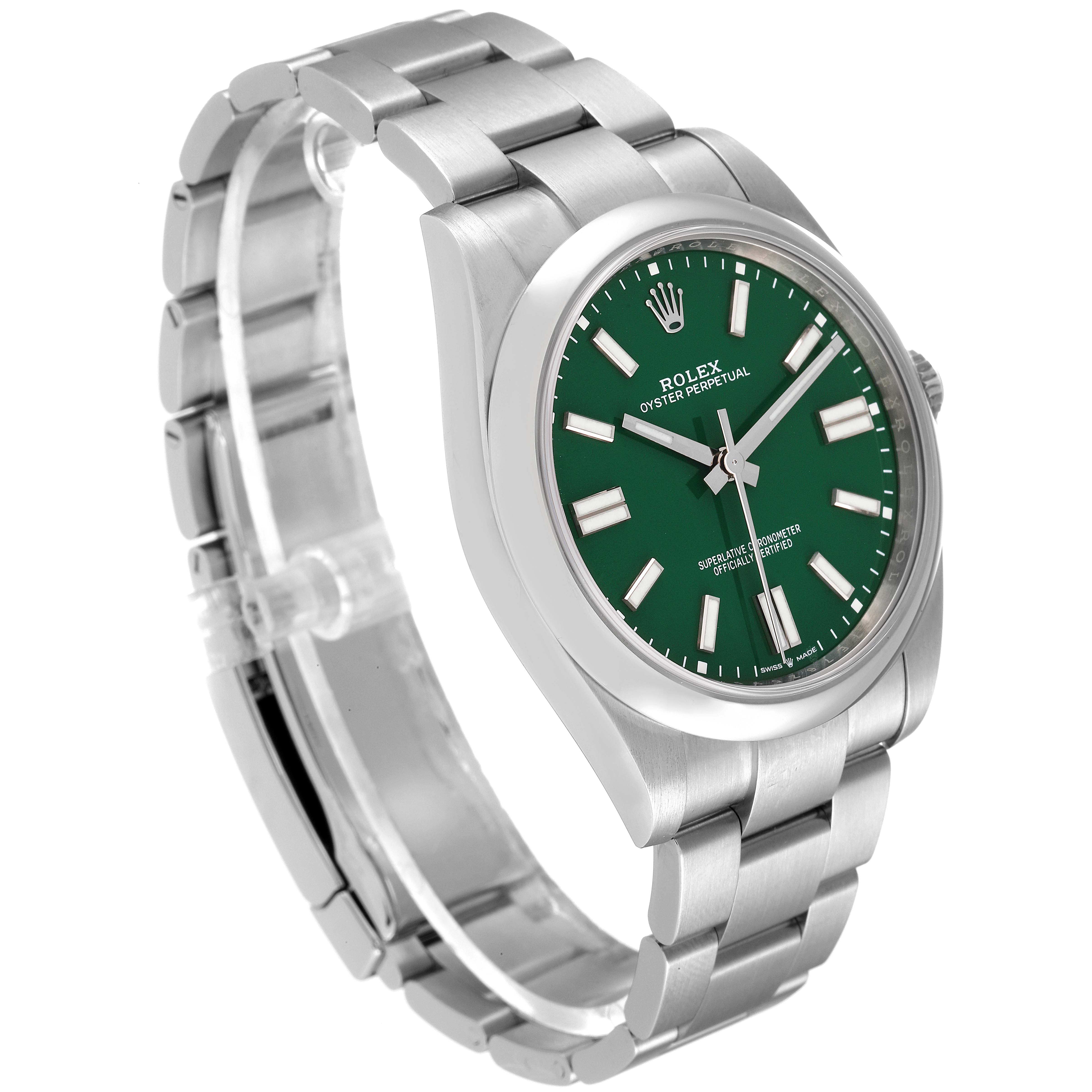 The image shows a Rolex Oyster Perpetual 124300 Men's Stainless Steel Green Dial 124300 Men's Stainless Steel Green Dial watch with a green dial, angled slightly from the front showcasing the face, bracelet, and clasp.