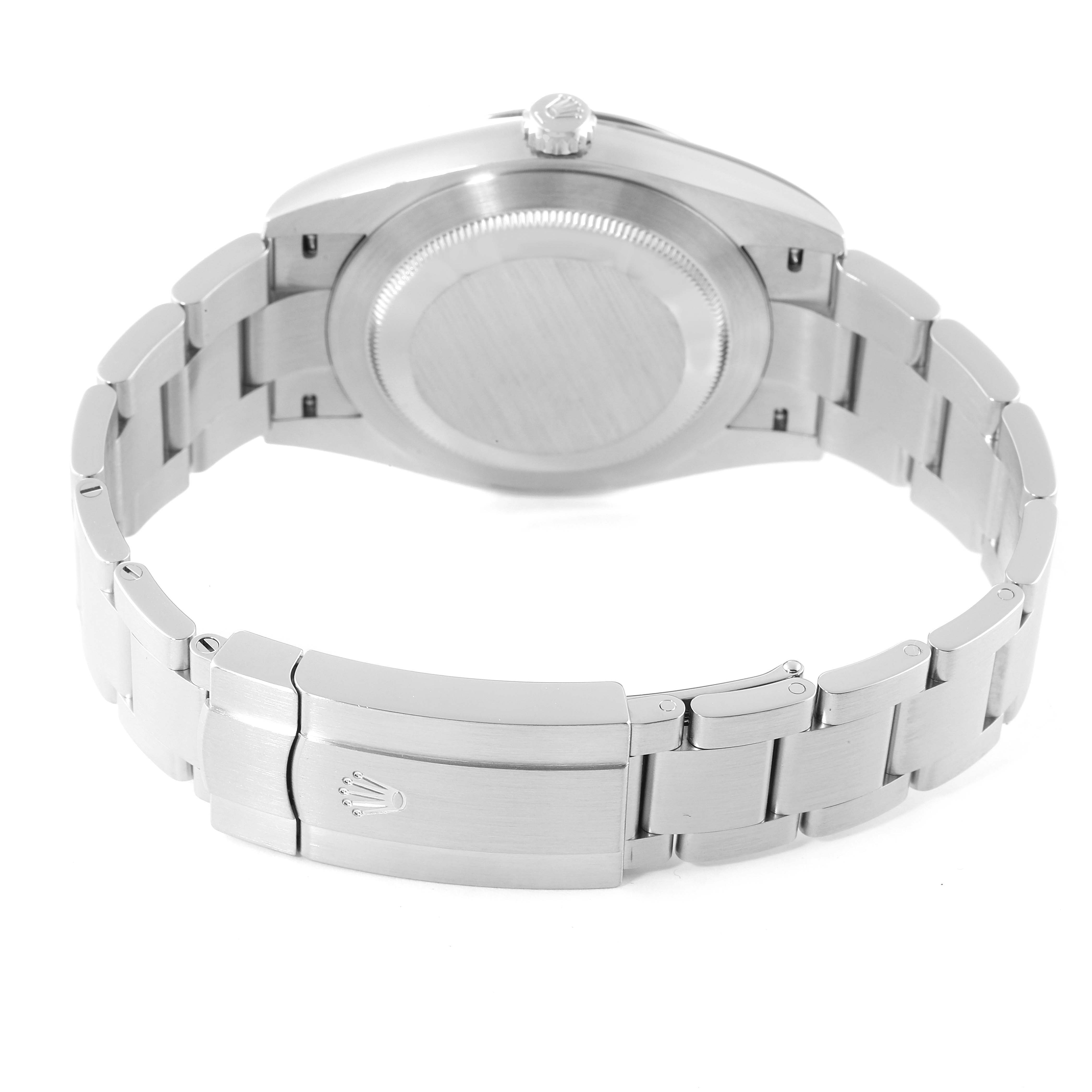 The image shows the back and bracelet clasp of a Rolex Oyster Perpetual 124300 Men's Stainless Steel Green Dial 124300 Men's Stainless Steel Green Dial watch.