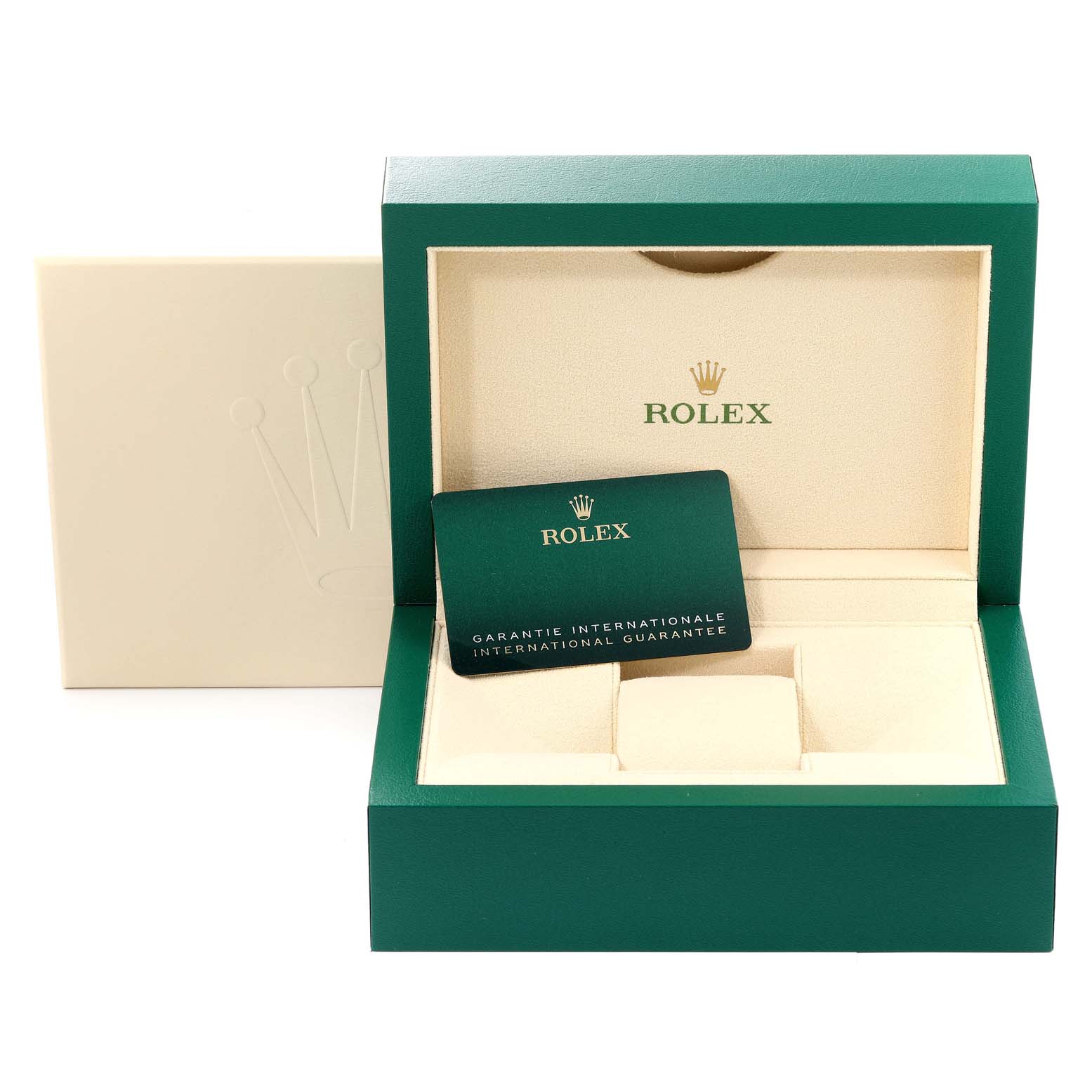 The image shows an open Rolex Oyster Perpetual 124300 Men's Stainless Steel Green Dial 124300 Men's Stainless Steel Green Dial watch box, including a green and white packaging, and a guarantee card.