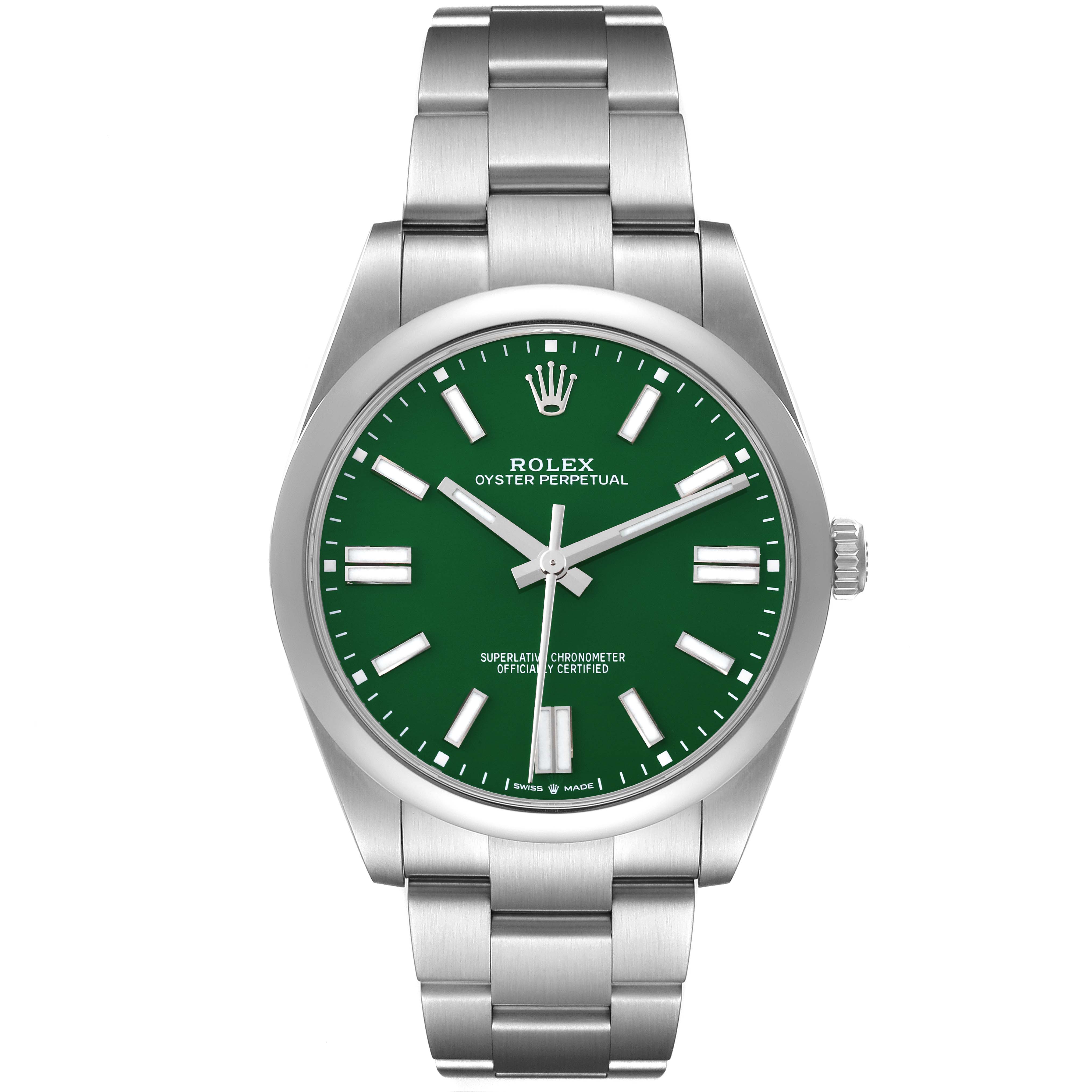 This image shows a front-facing view of a Rolex Oyster Perpetual 124300 Men's Stainless Steel Green Dial 124300 Men's Stainless Steel Green Dial watch with a green dial and stainless steel bracelet.