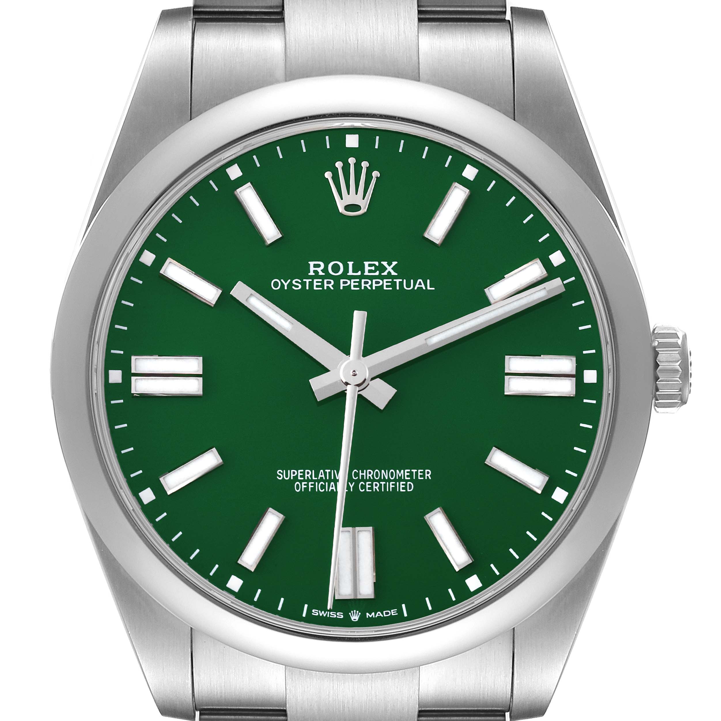 This image shows a front-facing view of a Rolex Oyster Perpetual 124300 Men's Stainless Steel Green Dial 124300 Men's Stainless Steel Green Dial watch with a green dial and silver markers.