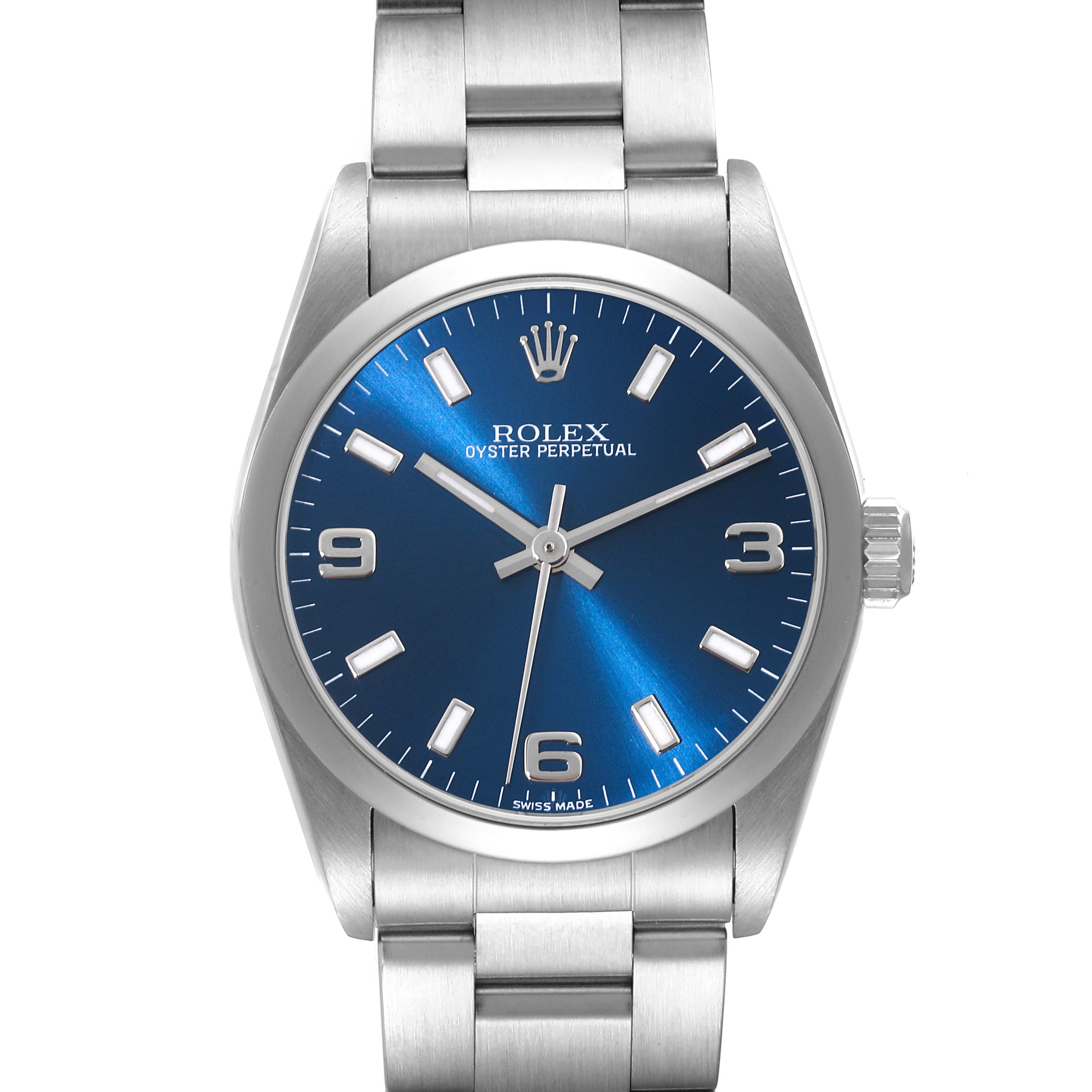 This is a front view of the Rolex Oyster Perpetual Mid-Size watch showing the dial, bezel, crown, and bracelet.