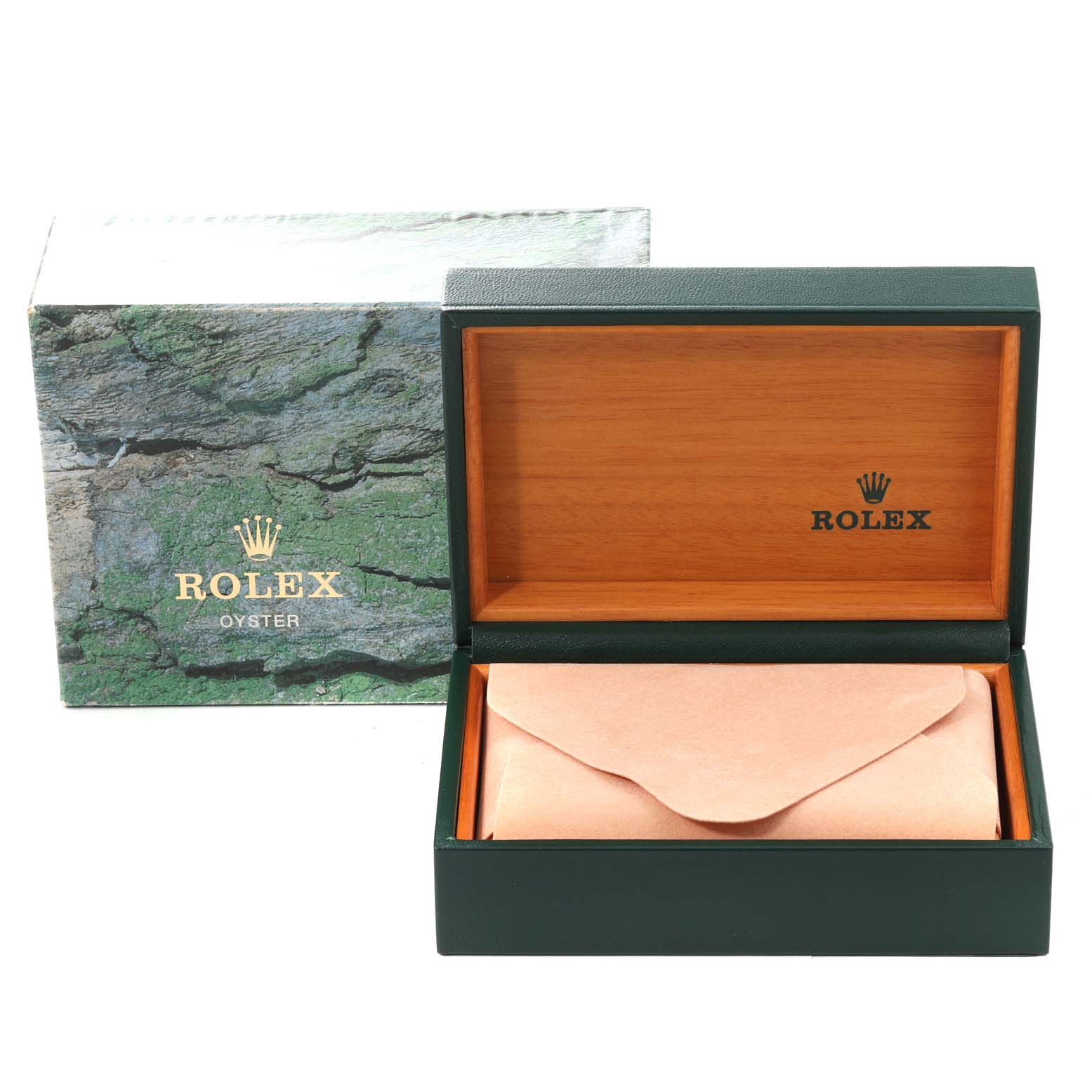 This image shows an empty Rolex Oyster Mid-Size watch box and outer box, viewed from the front.