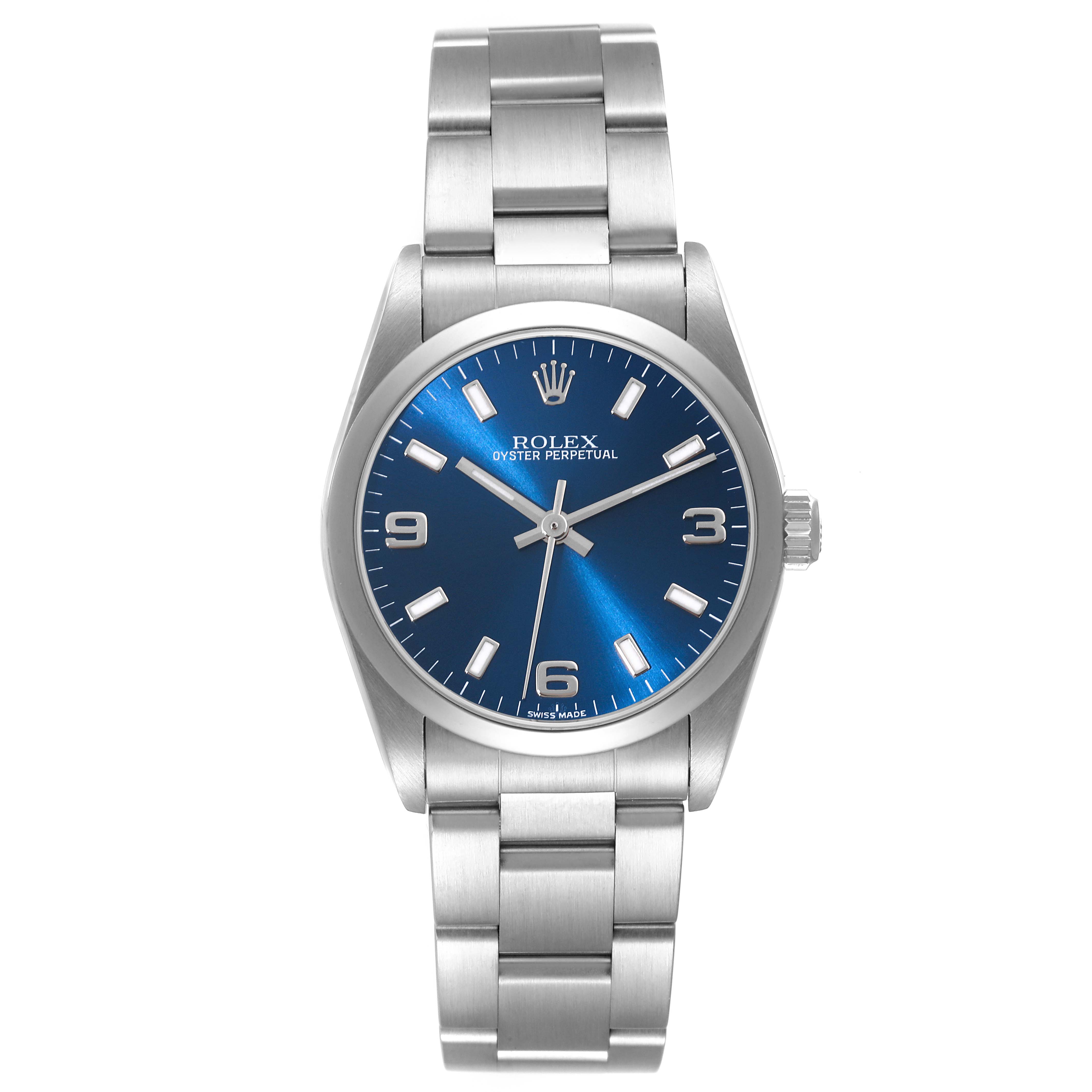 The image shows a front view of a Rolex Mid-Size 77080 Women's Stainless Steel Blue Dial 77080 Women's Stainless Steel Blue Dial Oyster Perpetual watch with a blue dial and stainless steel bracelet.