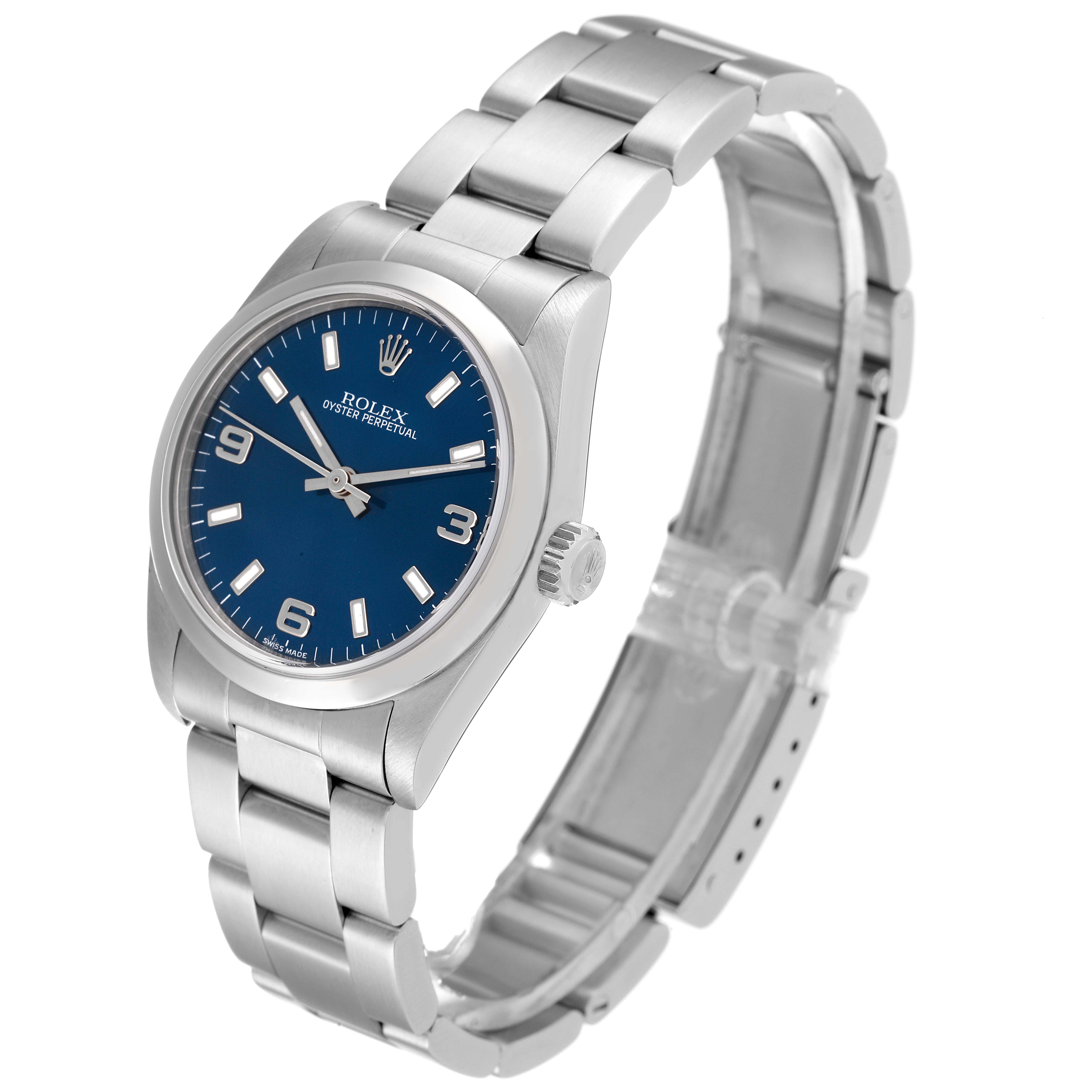 The image shows a Rolex Oyster Perpetual Mid-Size watch at a slight angle, highlighting the bracelet, case, crown, and blue dial.