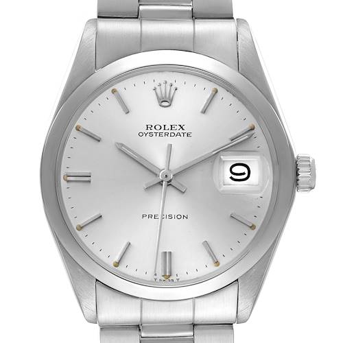 The image shows a front view of the Rolex Vintage Collection Oysterdate Precision watch, highlighting the dial, hands, crown, and bracelet.