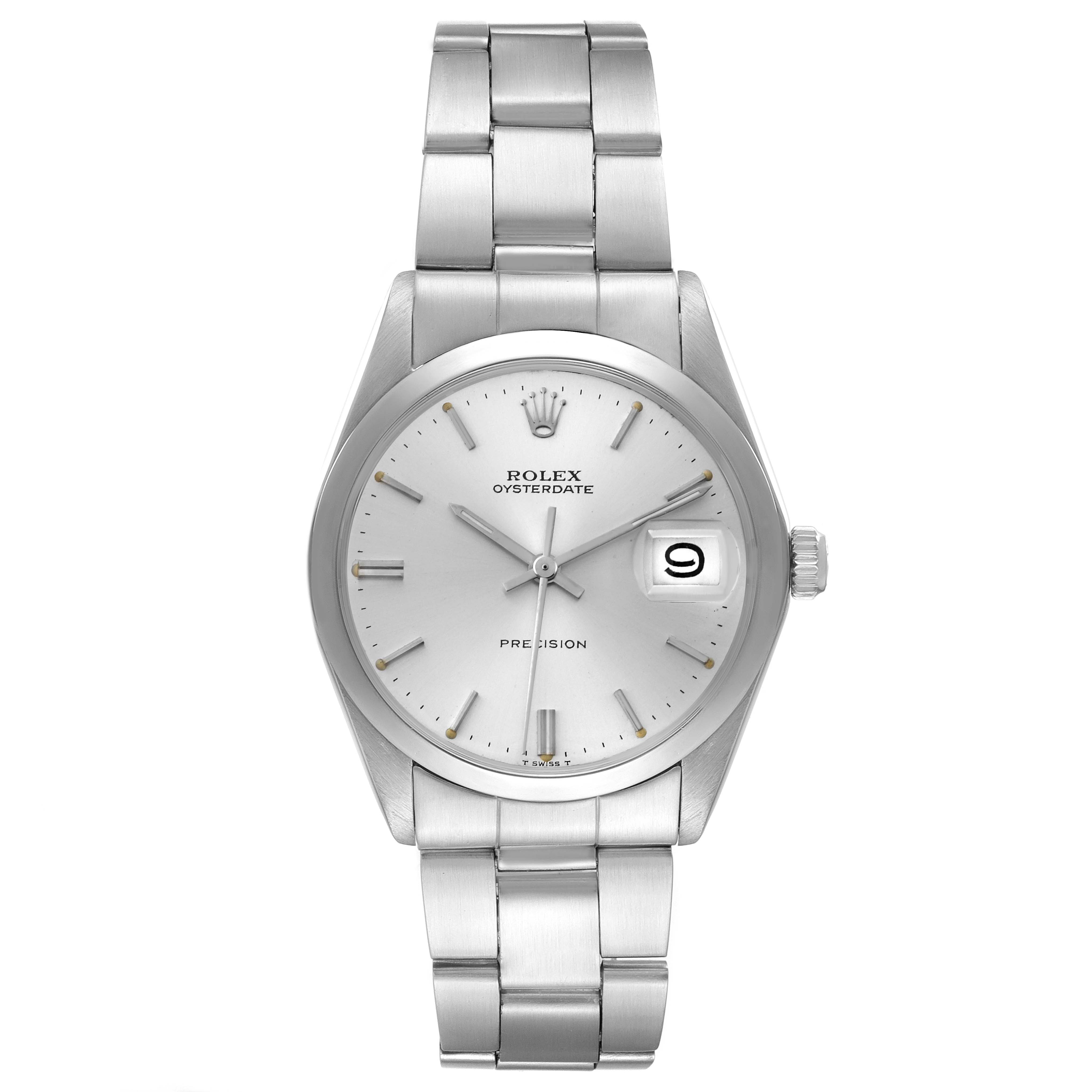 The image shows a frontal view of the Rolex Vintage Collection 6694 Men's Stainless Steel Silver Dial 6694 Men's Stainless Steel Silver Dial model Oysterdate Precision, including its face and band.