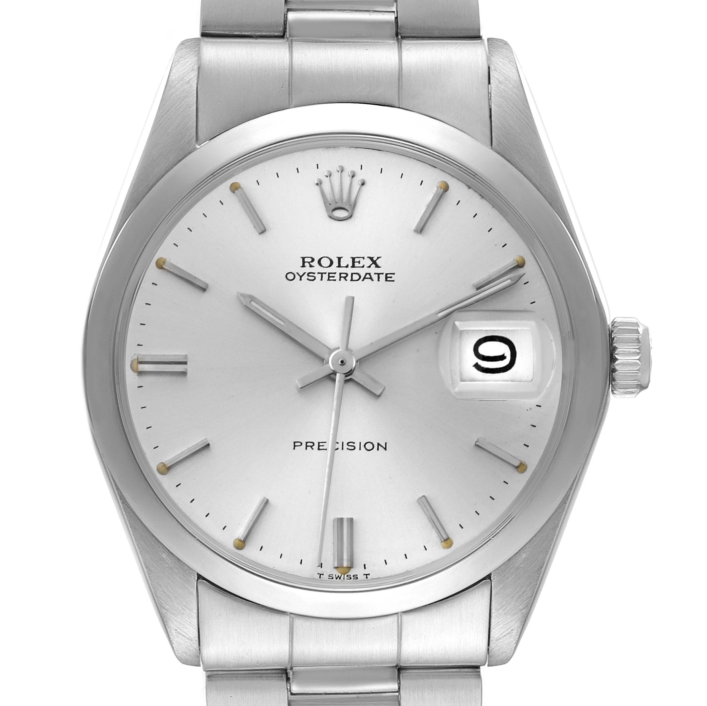 The image shows a frontal view of the Rolex Vintage Collection 6694 Men's Stainless Steel Silver Dial 6694 Men's Stainless Steel Silver Dial Oysterdate, displaying the watch face, crown, and part of the bracelet.