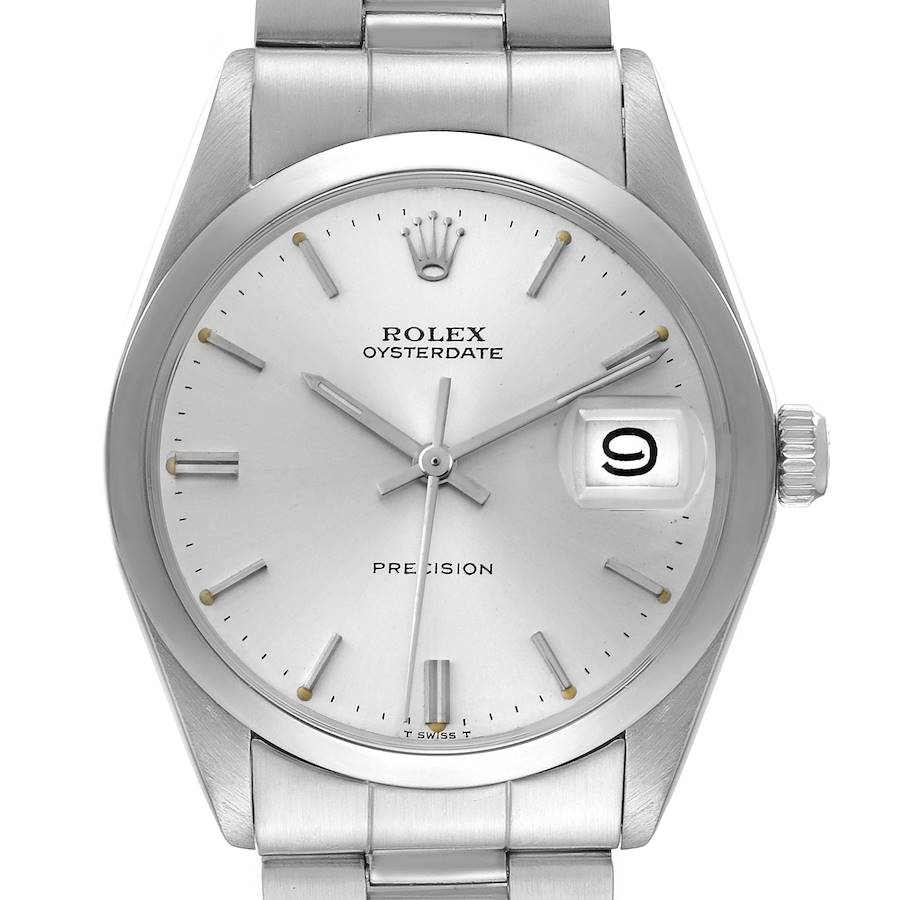 The image shows a frontal view of the Rolex Vintage Collection Oysterdate, displaying the watch face, crown, and part of the bracelet.