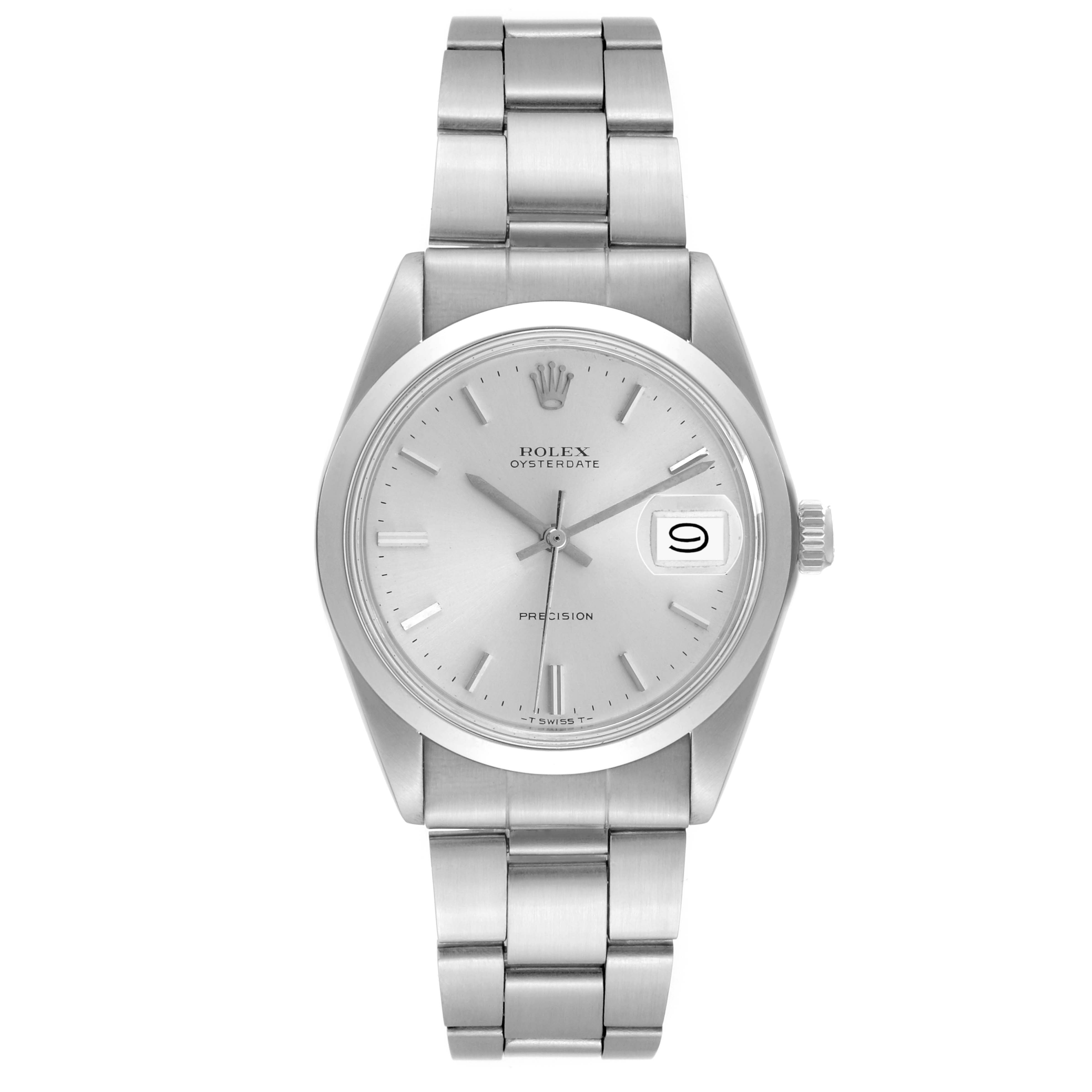 The image shows a frontal view of the Rolex Vintage Collection 6694 Men's Stainless Steel Silver Dial 6694 Men's Stainless Steel Silver Dial Oysterdate watch, displaying its dial, bracelet, and date window.