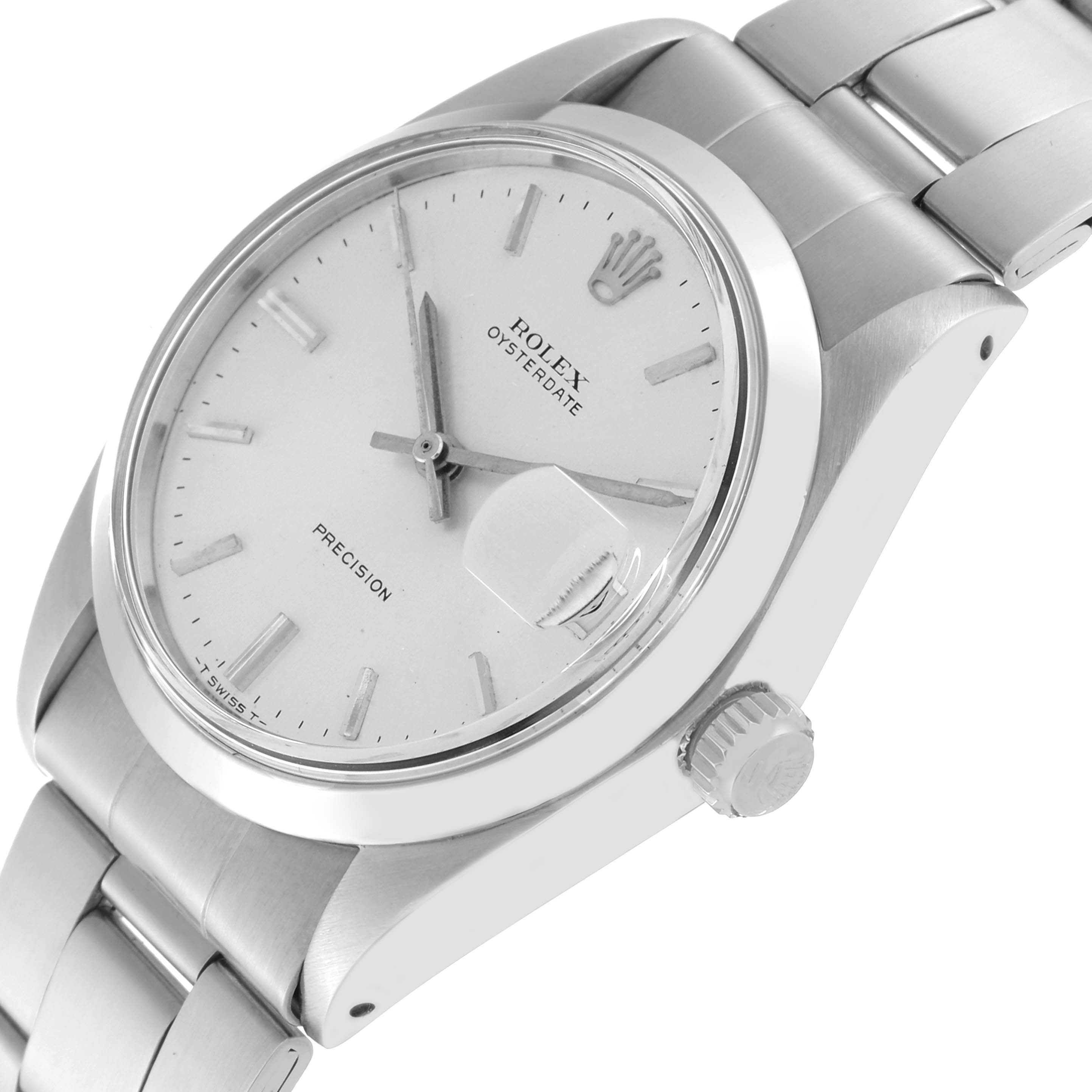 This is a side view of the Rolex Vintage Collection 6694 Men's Stainless Steel Silver Dial 6694 Men's Stainless Steel Silver Dial Oysterdate model, showing the watch face, crown, and part of the metal band.