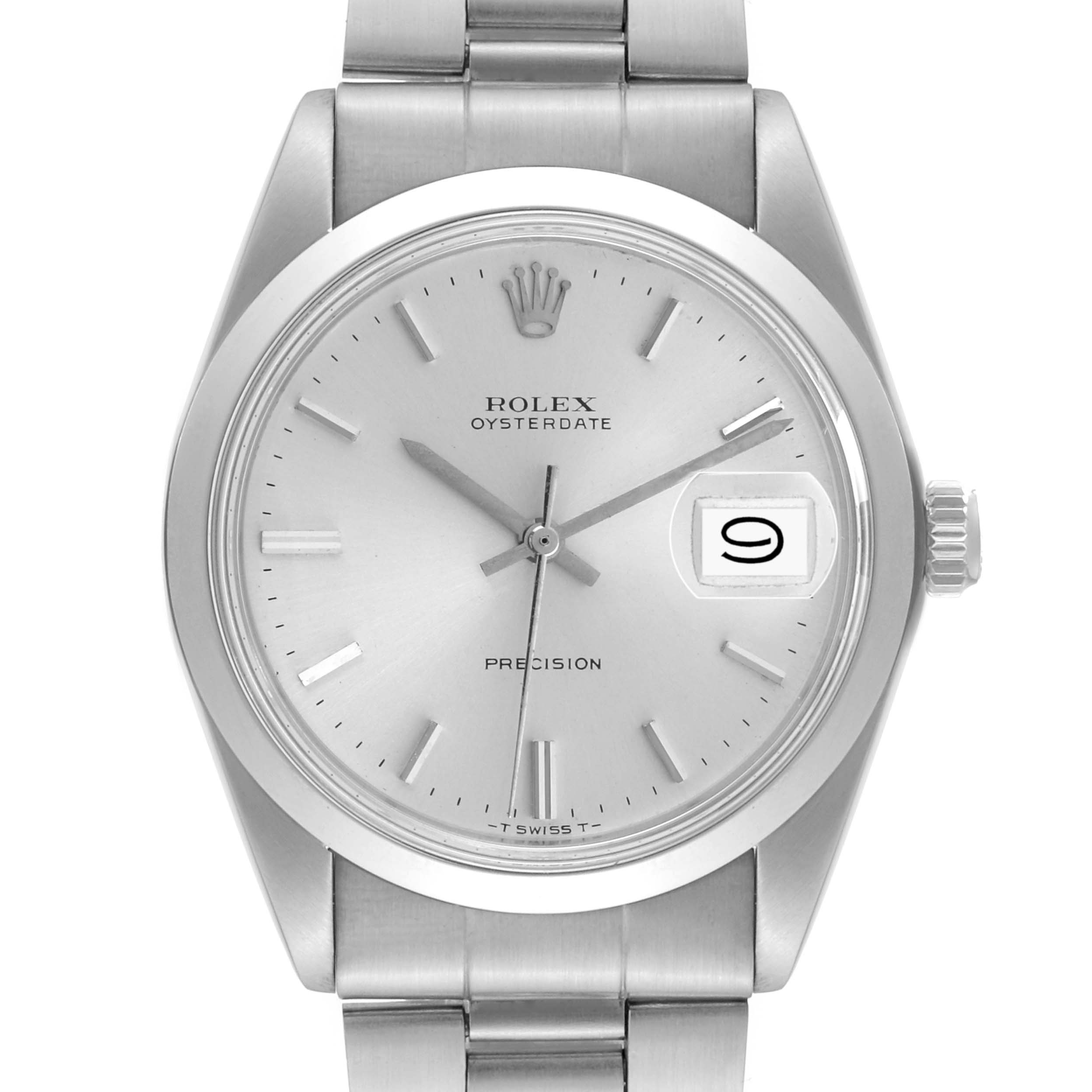 This image shows a front view of the Vintage Collection Rolex Oysterdate watch, displaying the dial, hands, date window, and part of the bracelet.