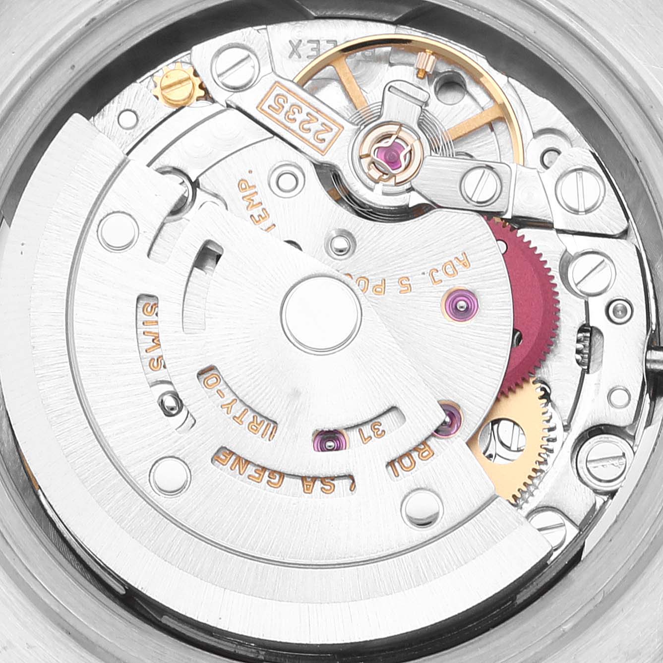 The image shows the intricate inner mechanics of a Rolex Pearlmaster 80319 Women's White Gold White Dial 80319 Women's White Gold White Dial watch, focusing on gears and movement components.