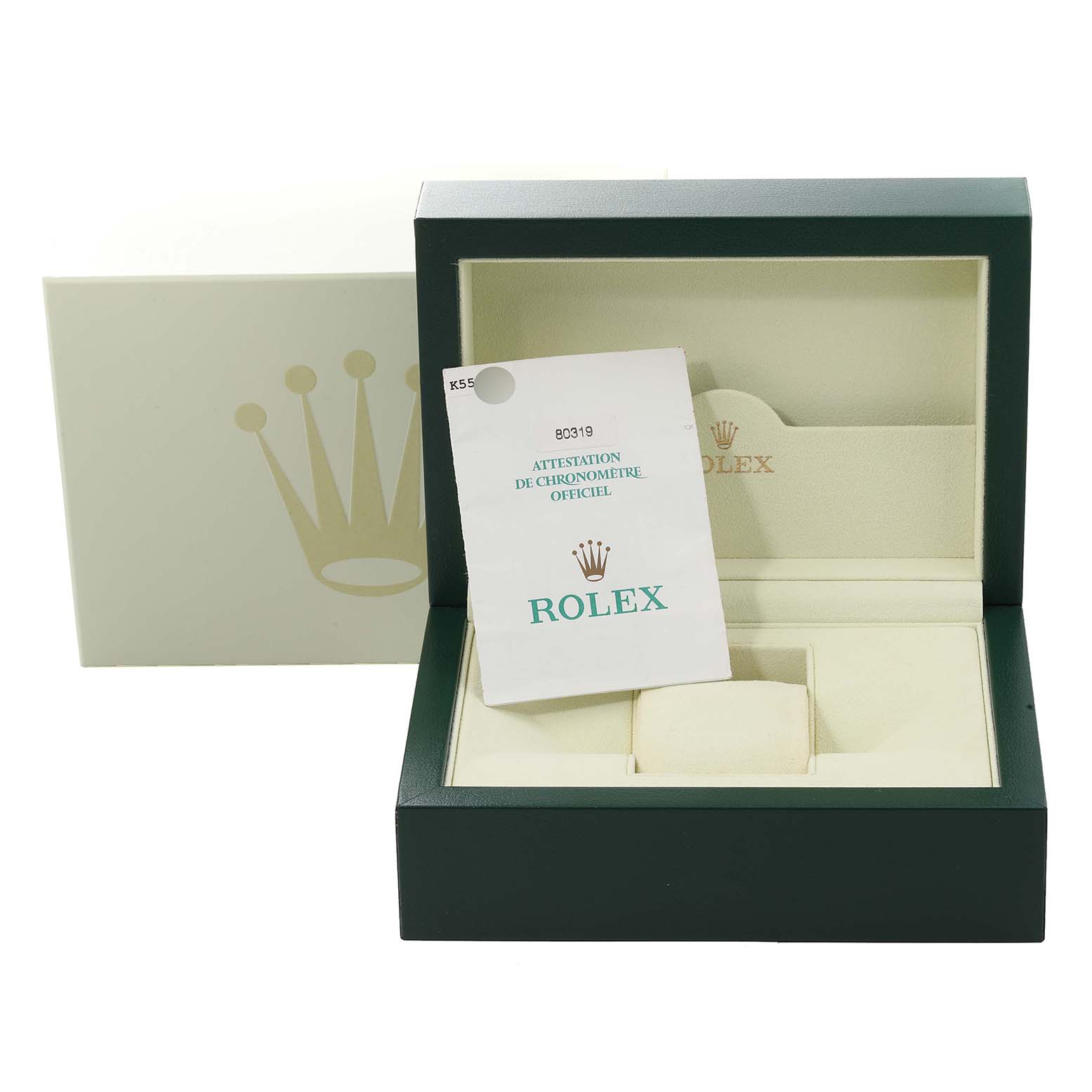 This image shows the packaging, certificate, and interior compartments of a Rolex Pearlmaster 80319 Women's White Gold White Dial 80319 Women's White Gold White Dial watch box from a front angle.