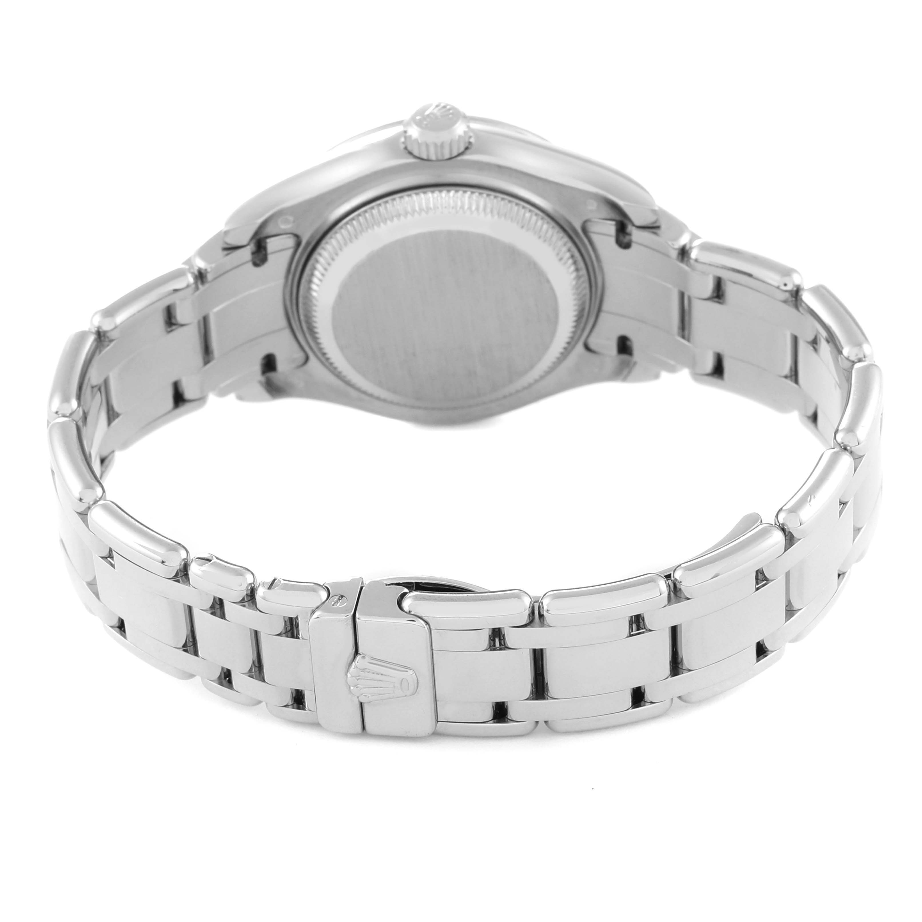 This image shows the back view of the Rolex Pearlmaster 80319 Women's White Gold White Dial 80319 Women's White Gold White Dial watch, highlighting its bracelet and clasp.