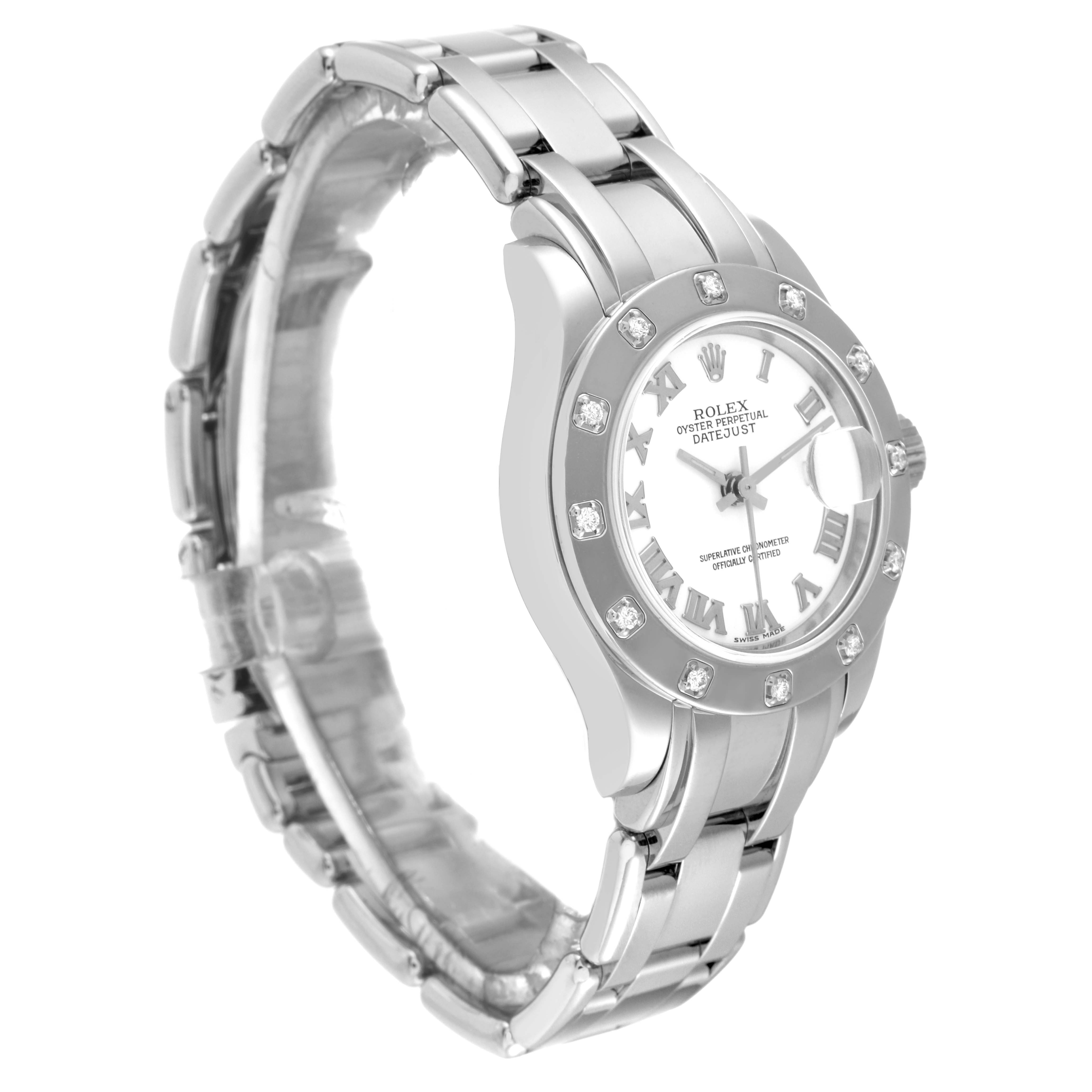 The image shows a Rolex Pearlmaster 80319 Women's White Gold White Dial 80319 Women's White Gold White Dial watch angled from the front left, displaying its face, bezel, and part of the bracelet.