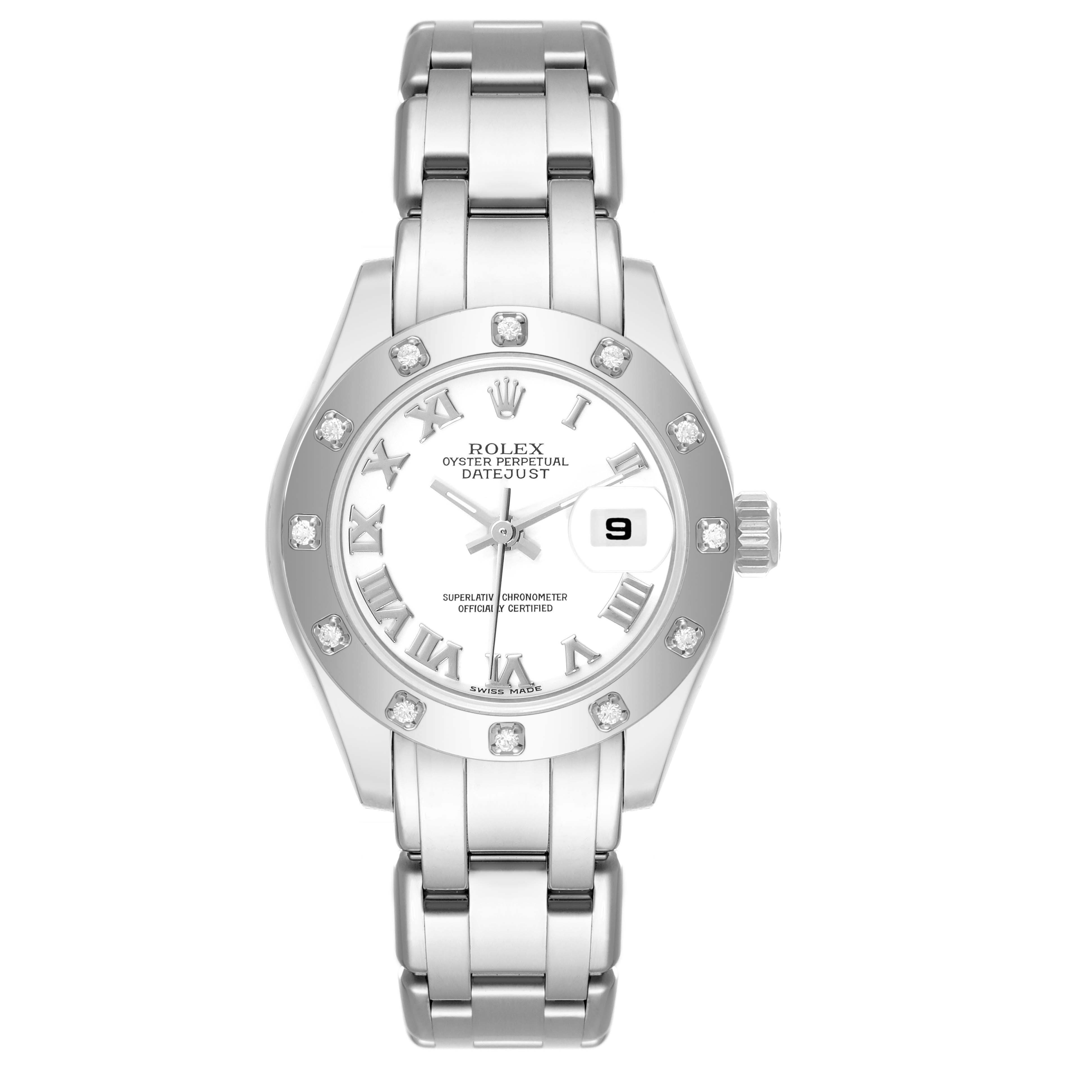 This image shows a front view of a Rolex Pearlmaster 80319 Women's White Gold White Dial 80319 Women's White Gold White Dial watch, highlighting the dial, bezel, and bracelet.