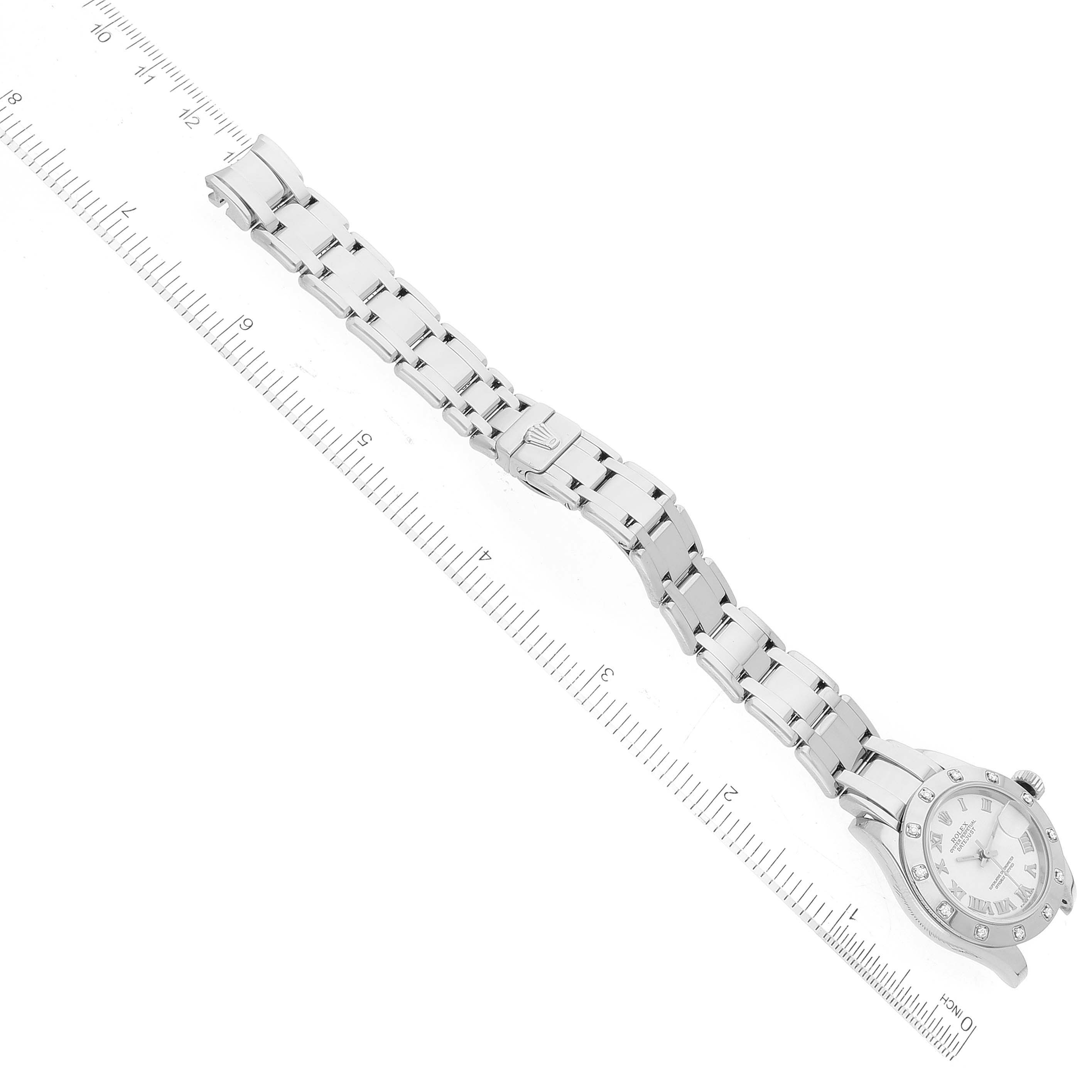 The image shows a Rolex Pearlmaster 80319 Women's White Gold White Dial 80319 Women's White Gold White Dial watch vertically aligned with a portion of the band and clasp visible.