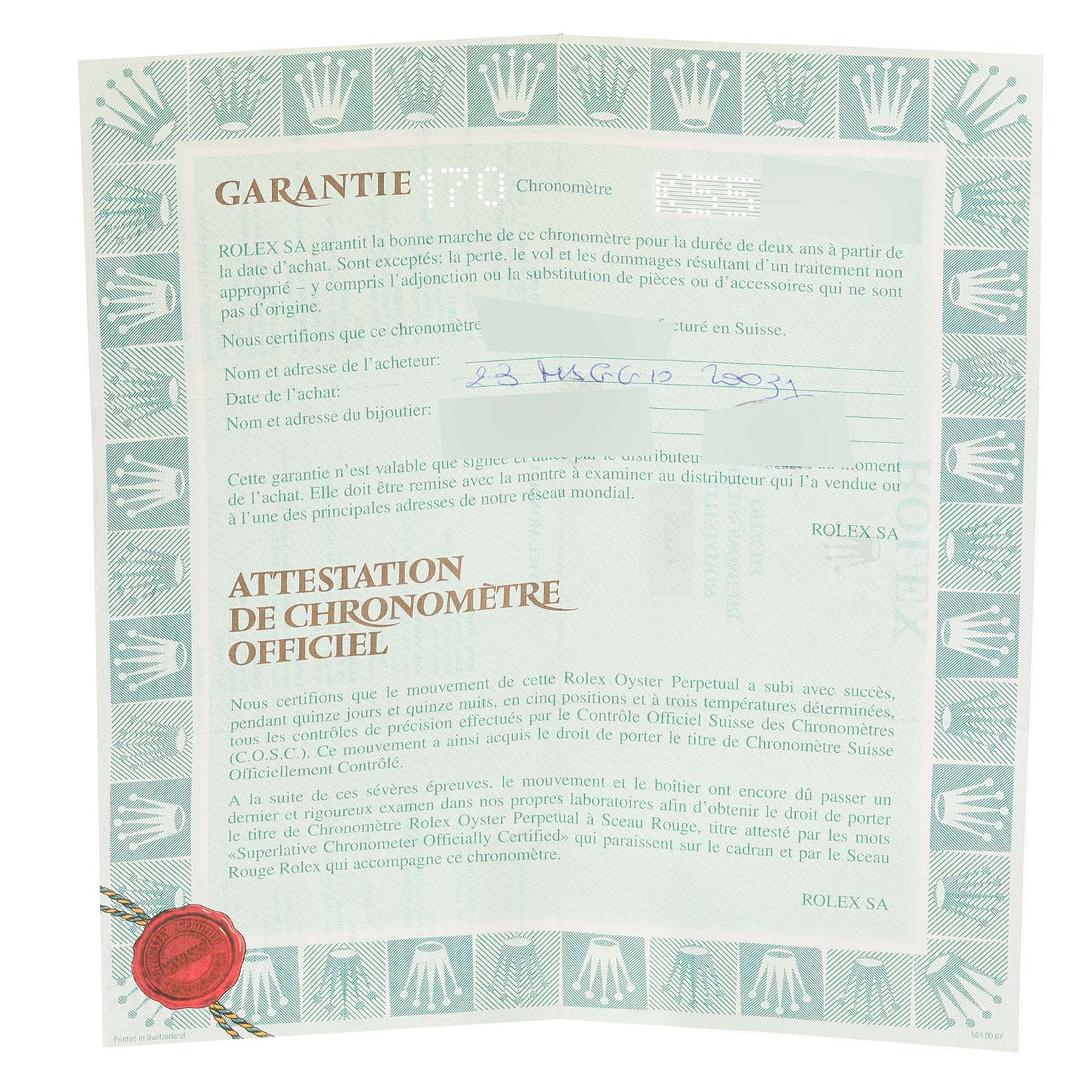 The image shows the official chronometer certification for the Rolex Pearlmaster 80319 Women's White Gold White Dial 80319 Women's White Gold White Dial model, displaying text and an official seal.