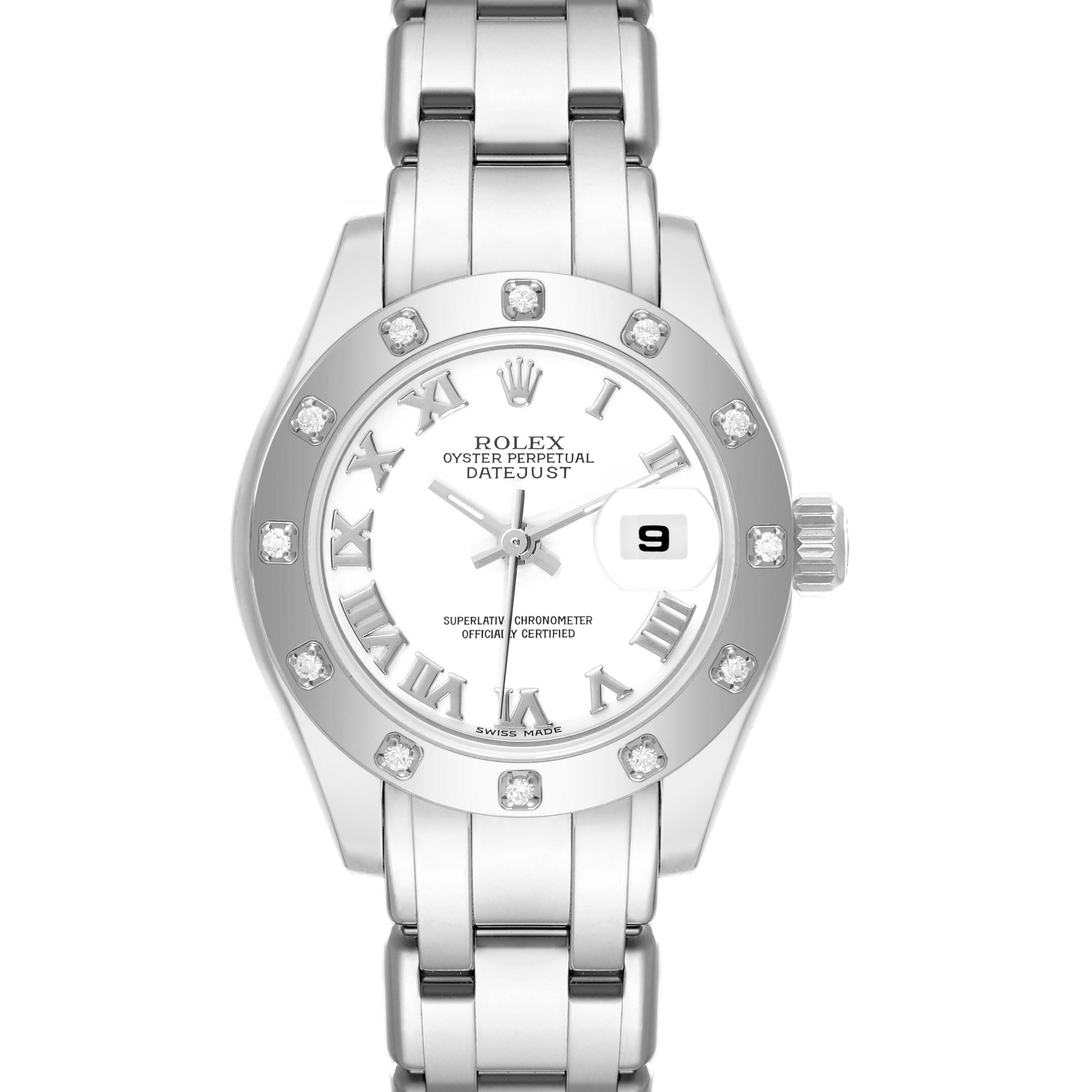 The image shows a top view of the Rolex Pearlmaster 80319 Women's White Gold White Dial 80319 Women's White Gold White Dial watch, showcasing its dial, hands, date window, links, and bezel adorned with diamonds.