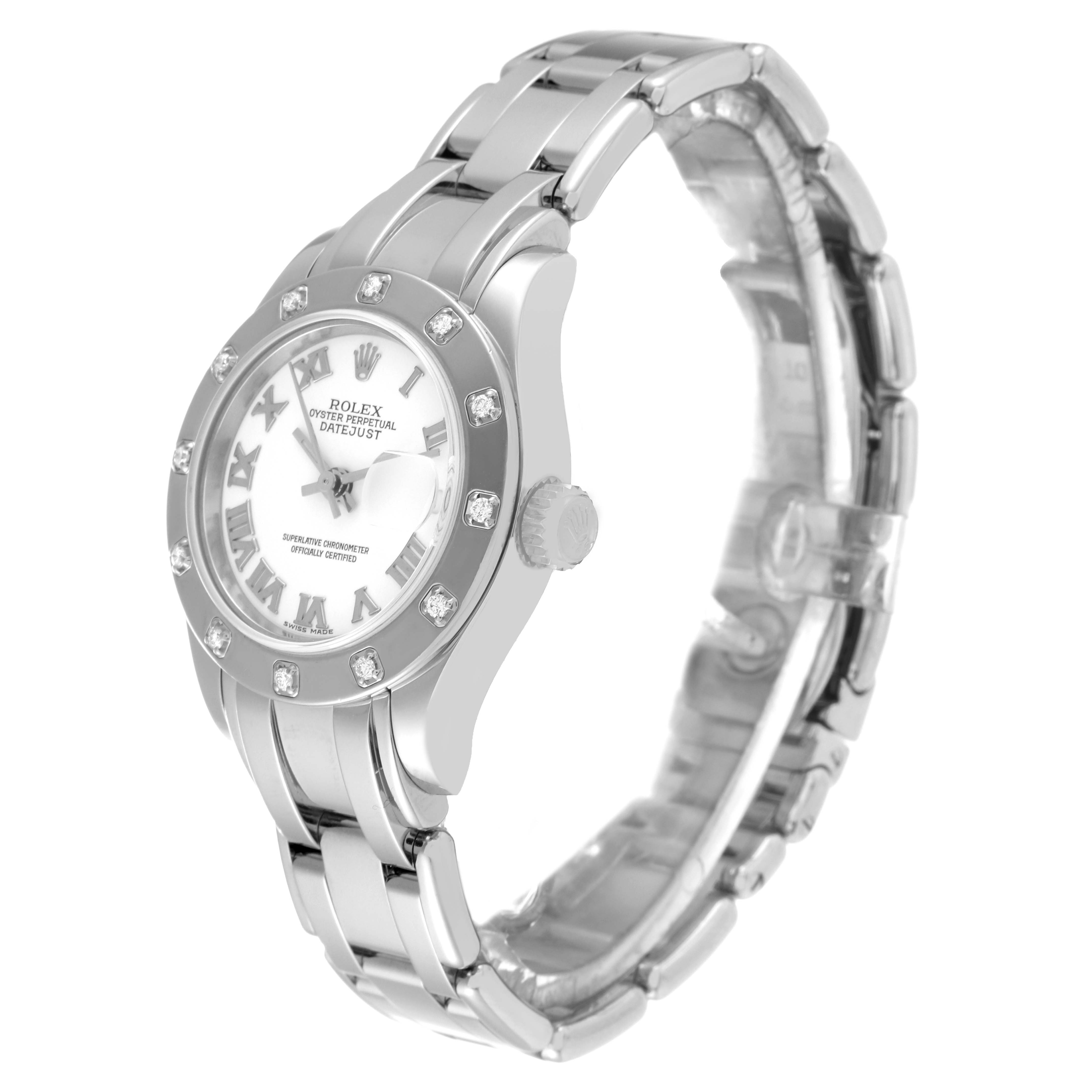This Rolex Pearlmaster 80319 Women's White Gold White Dial 80319 Women's White Gold White Dial watch is shown at a three-quarter angle, displaying the dial, bezel with diamonds, and part of the bracelet.