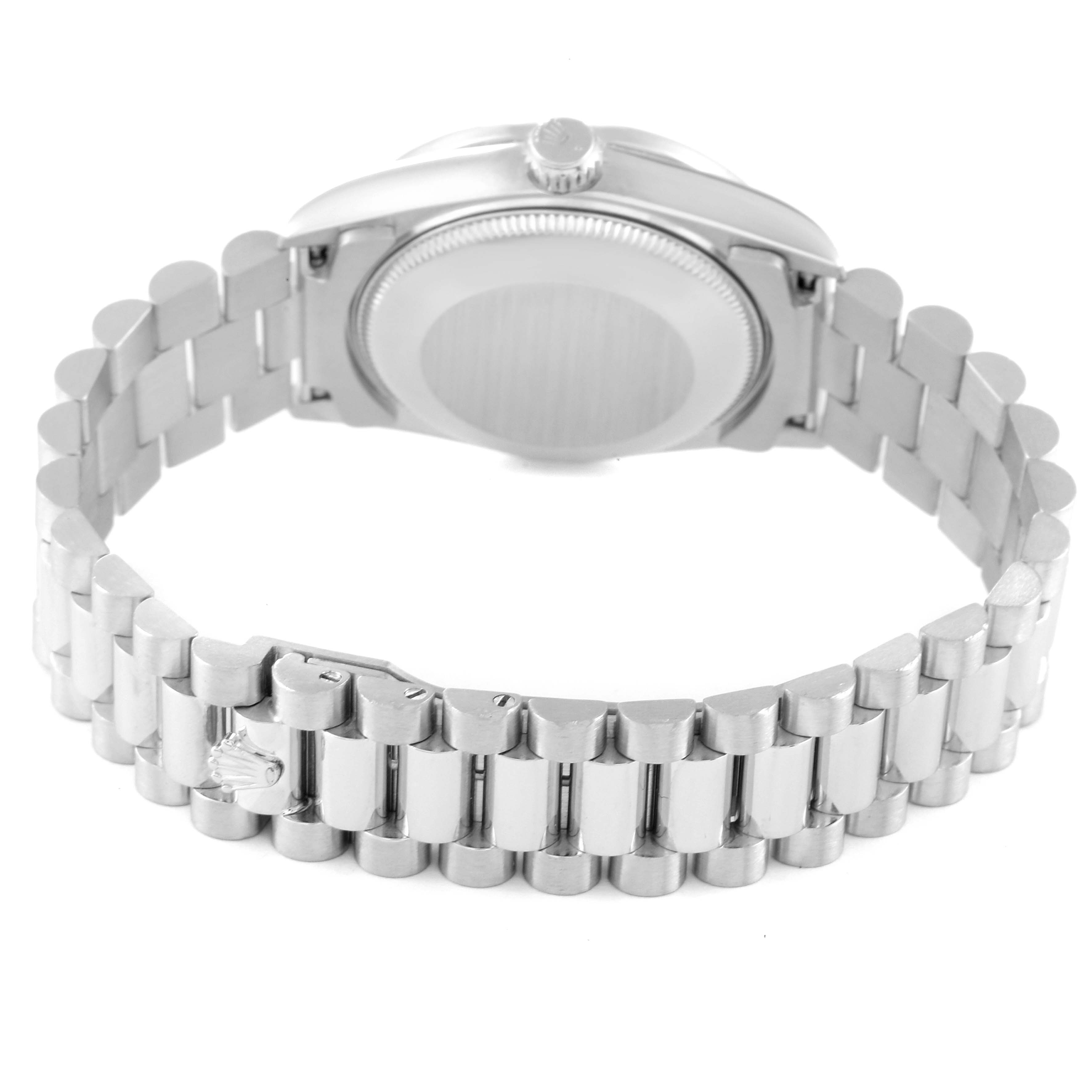 The image shows the back view and bracelet of a Rolex President 68286 Women's Platinum Silver Dial 68286 Women's Platinum Silver Dial model watch, highlighting the clasp and caseback.
