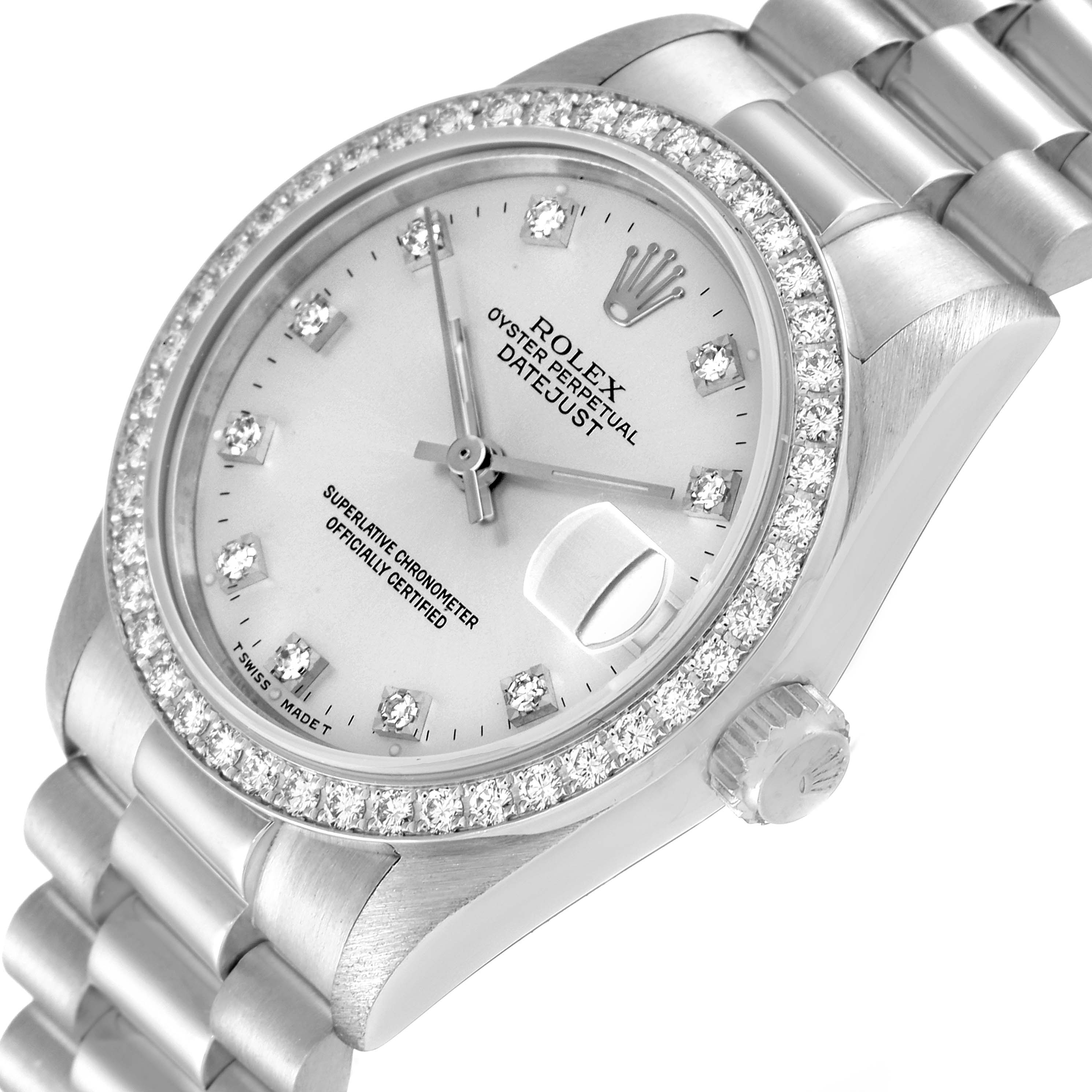 This image shows a Rolex President 68286 Women's Platinum Silver Dial 68286 Women's Platinum Silver Dial Datejust watch from a three-quarter angle, highlighting its face, bezel, and bracelet.