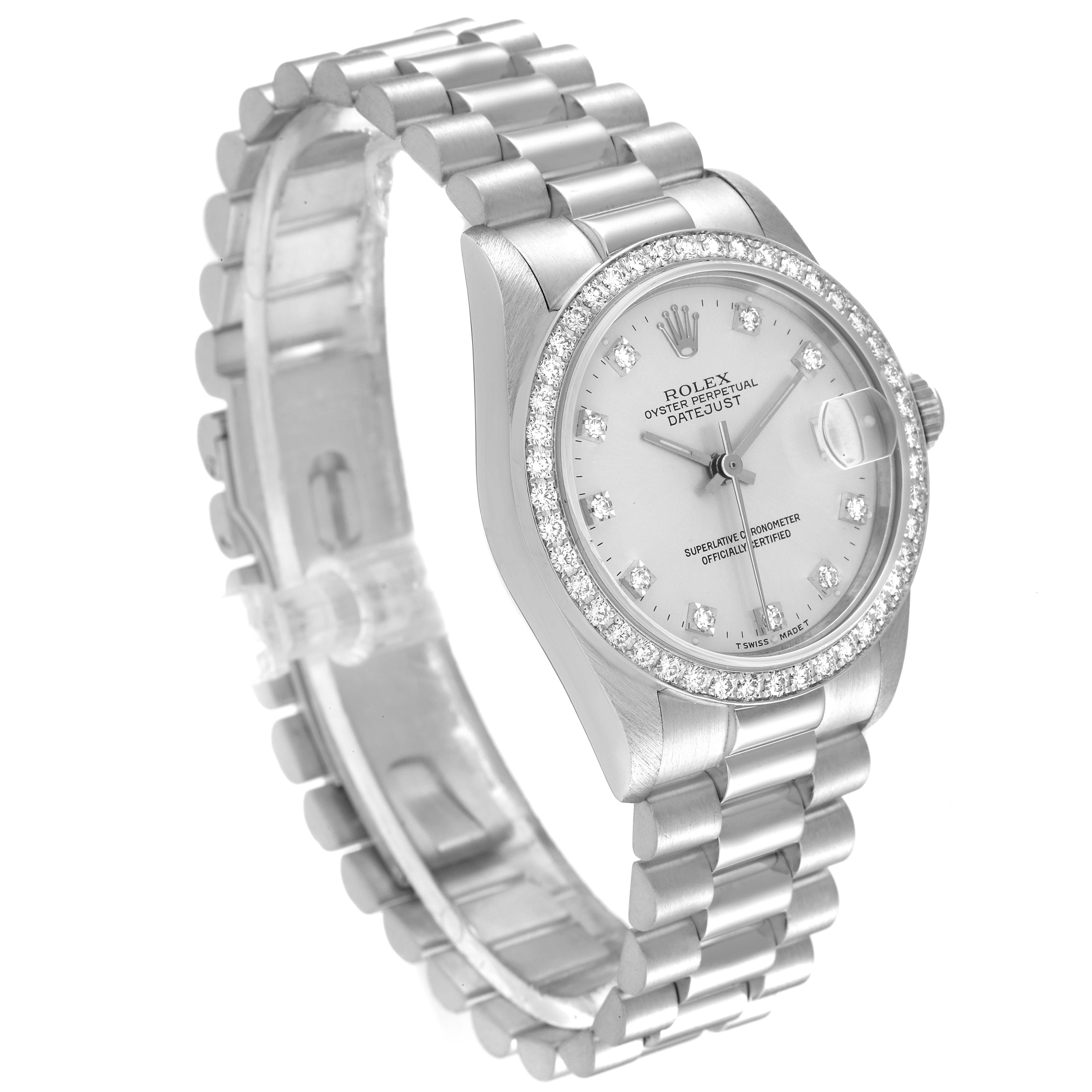 The image shows a frontal to slightly angled view of a Rolex President 68286 Women's Platinum Silver Dial 68286 Women's Platinum Silver Dial watch, displaying its face, bezel, and metal band.