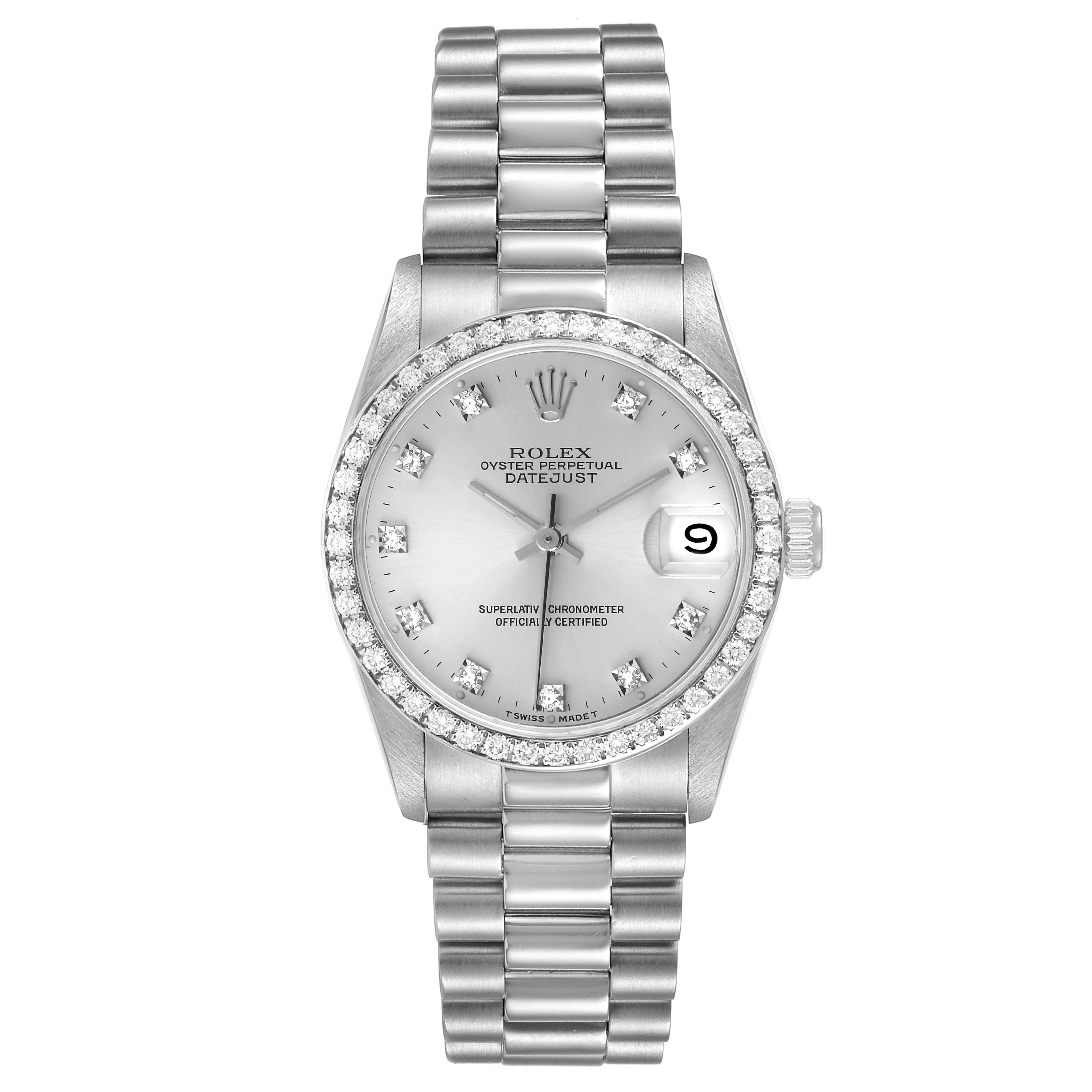 The image shows a frontal view of a Rolex President 68286 Women's Platinum Silver Dial 68286 Women's Platinum Silver Dial model watch, displaying the dial, hands, date window, bezel, and bracelet.