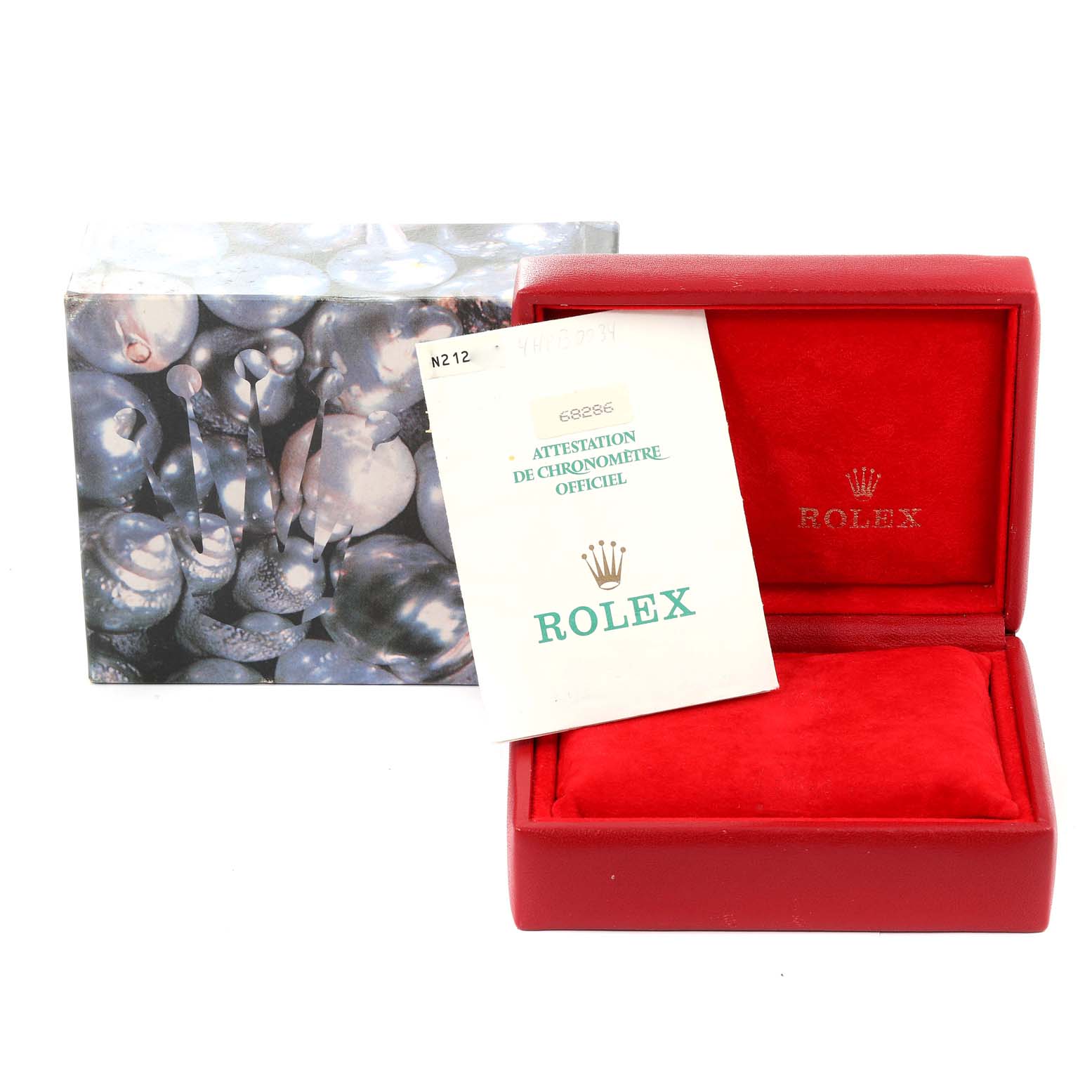 The image shows the packaging and certification for a Rolex President 68286 Women's Platinum Silver Dial 68286 Women's Platinum Silver Dial model watch, including a decorative box and paperwork.