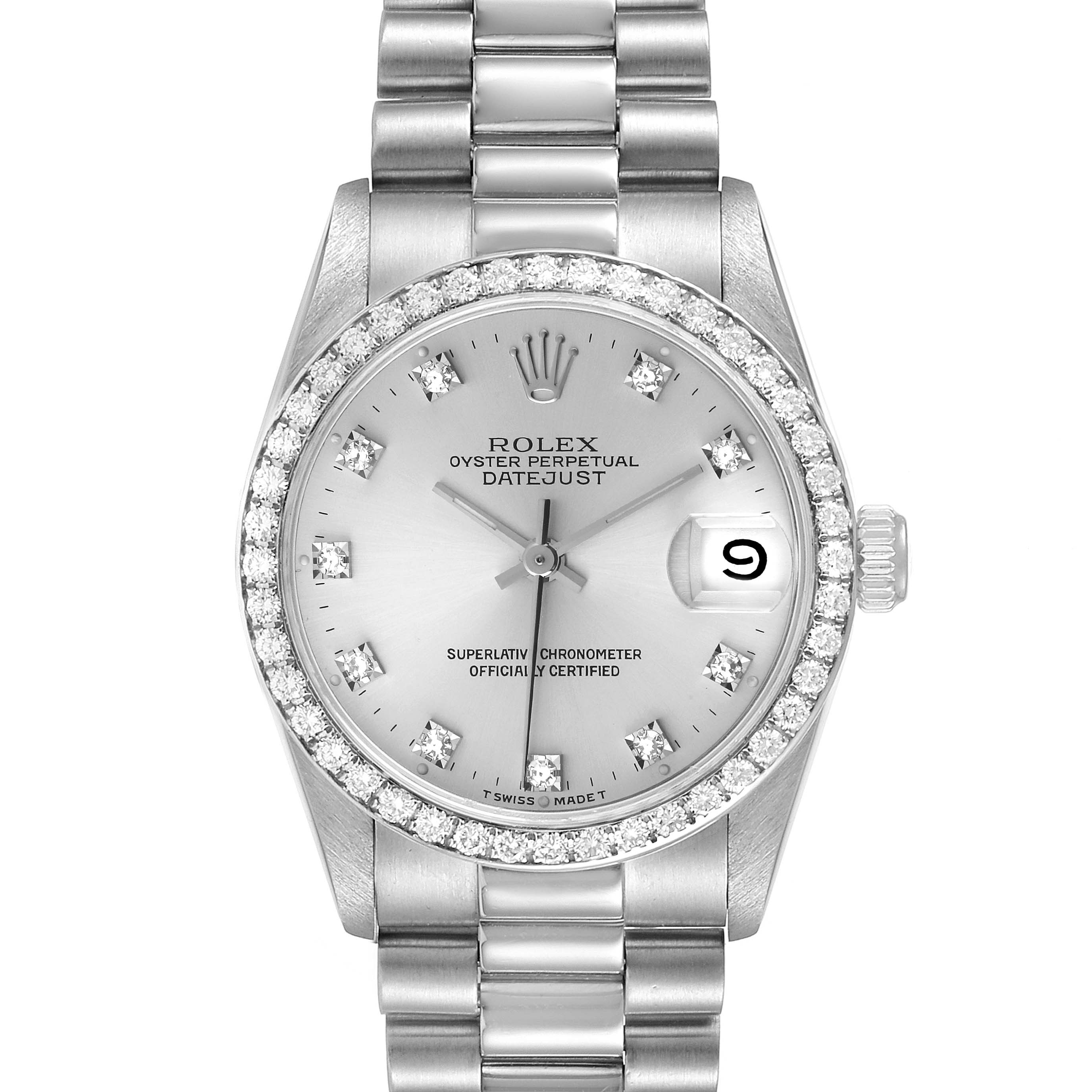 The image shows a frontal view of a Rolex President 68286 Women's Platinum Silver Dial 68286 Women's Platinum Silver Dial model, displaying its bracelet, dial, and diamond-set bezel.