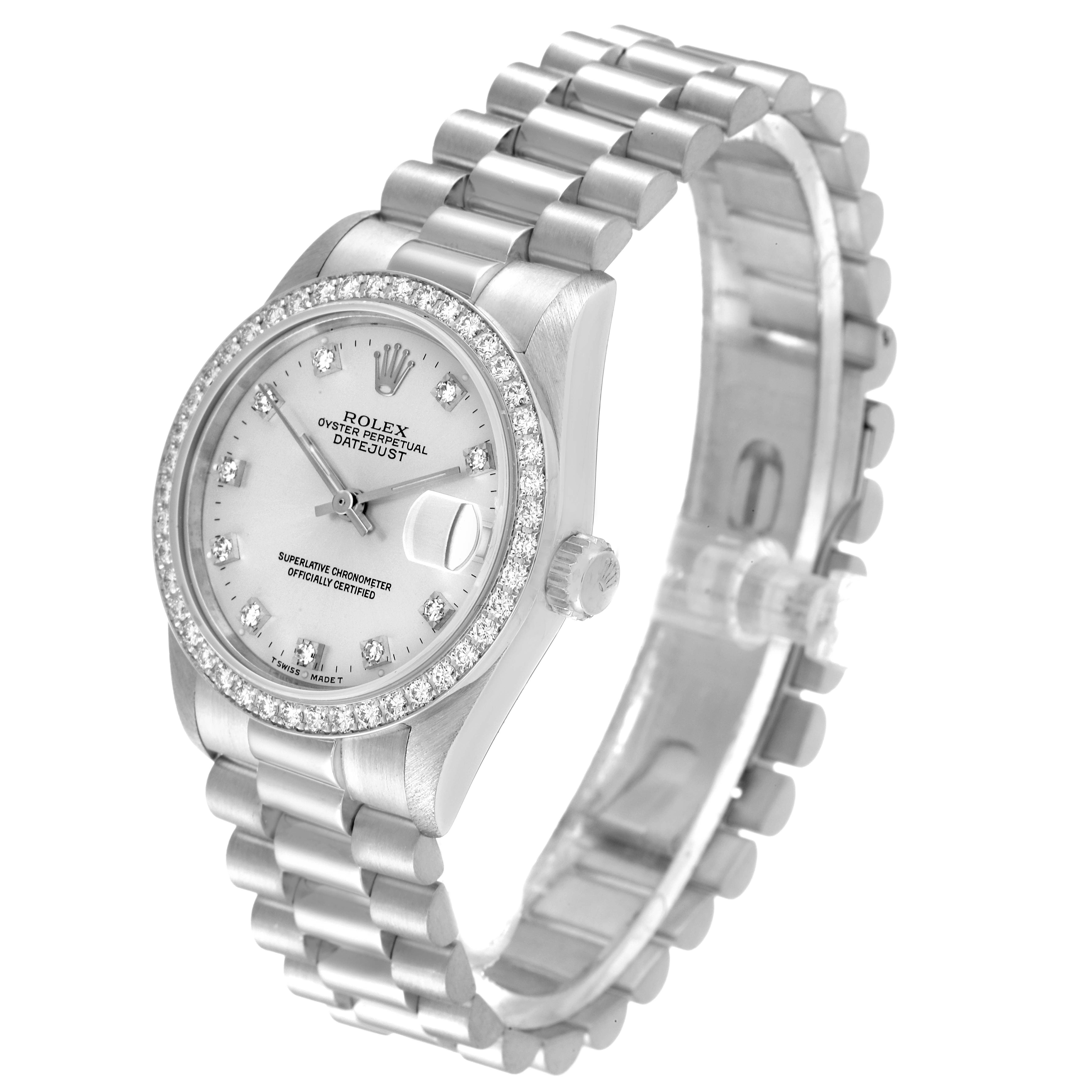 This image shows a Rolex President 68286 Women's Platinum Silver Dial 68286 Women's Platinum Silver Dial model watch from a front-side angle displaying the face, bezel, crown, and bracelet.