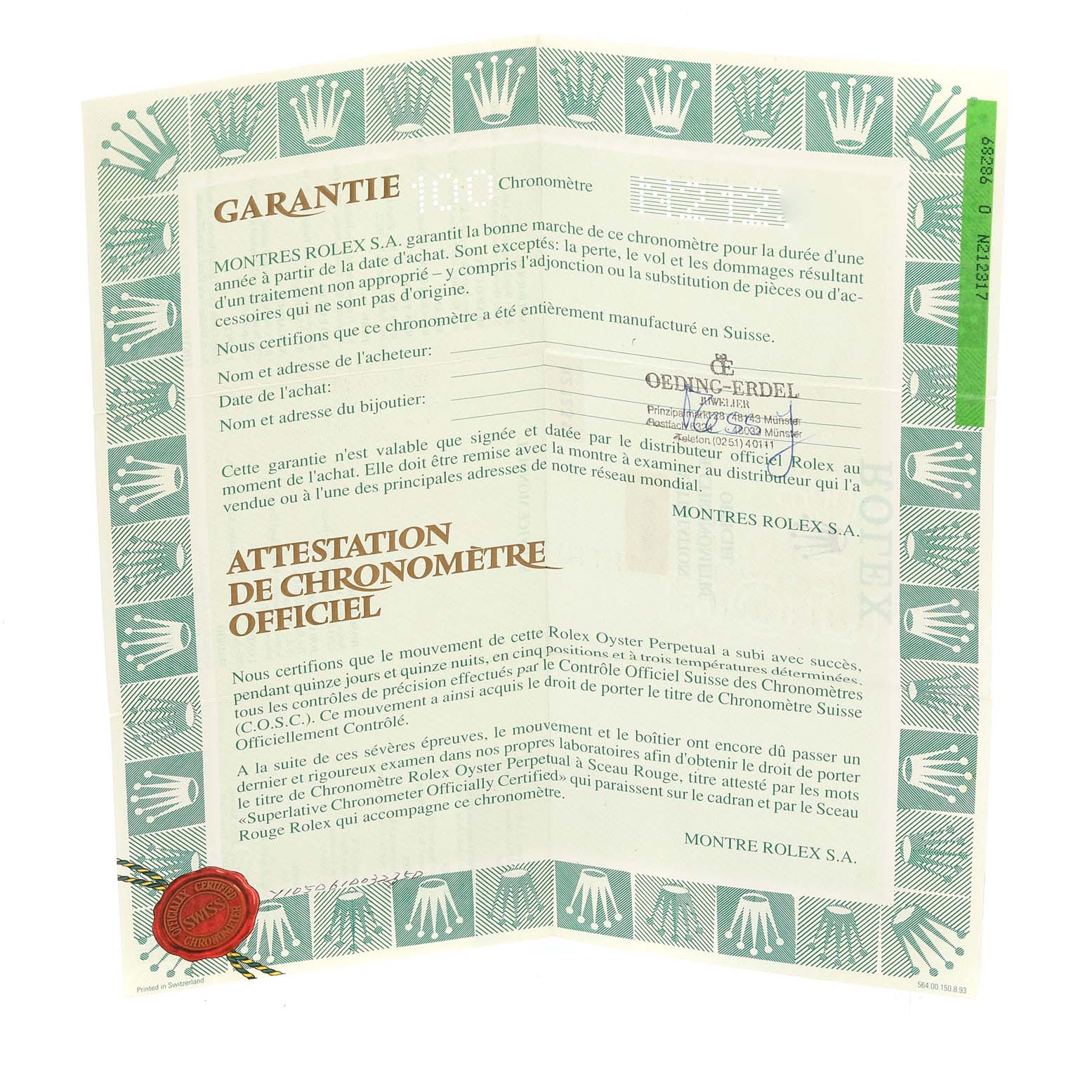 This image shows the warranty and certification papers for the Rolex President 68286 Women's Platinum Silver Dial 68286 Women's Platinum Silver Dial model watch.