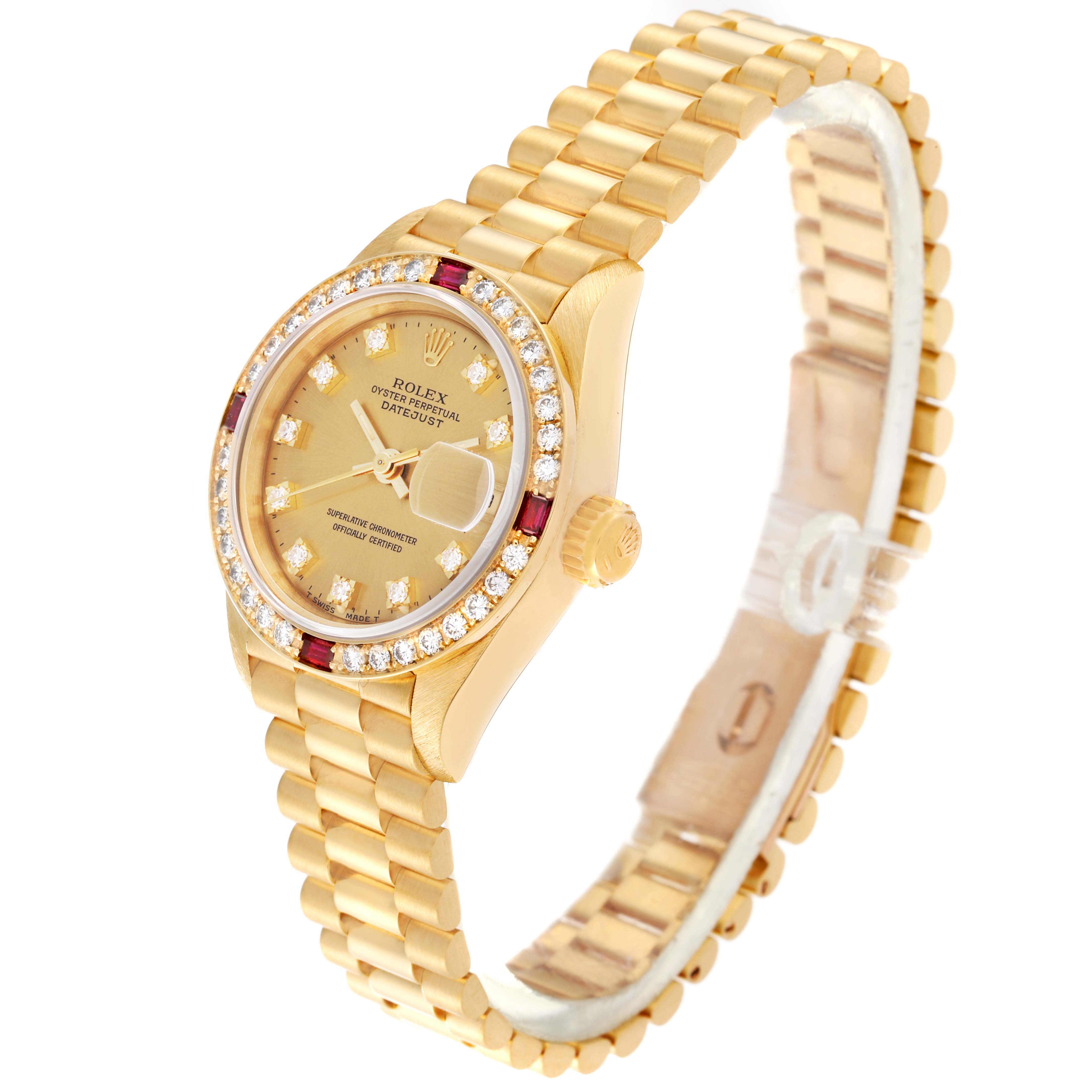 This image shows a Rolex President 69068 Women's Yellow Gold Champagne Dial 69068 Women's Yellow Gold Champagne Dial model watch at an oblique angle, highlighting the gold bracelet, dial, and diamond-accented bezel.