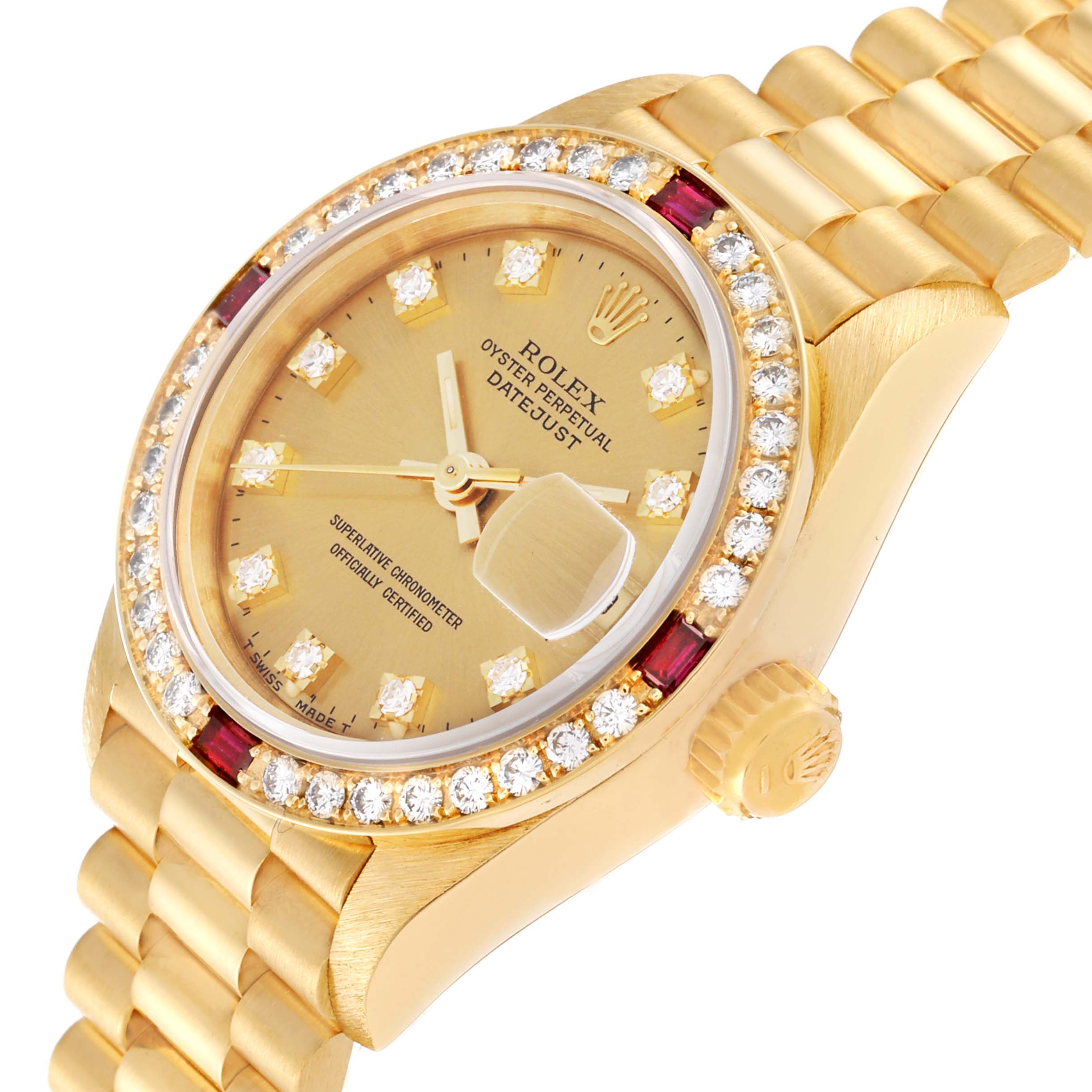 The Rolex President 69068 Women's Yellow Gold Champagne Dial 69068 Women's Yellow Gold Champagne Dial model watch is shown at a tilted angle, displaying its dial, bezel, crown, and bracelet prominently.