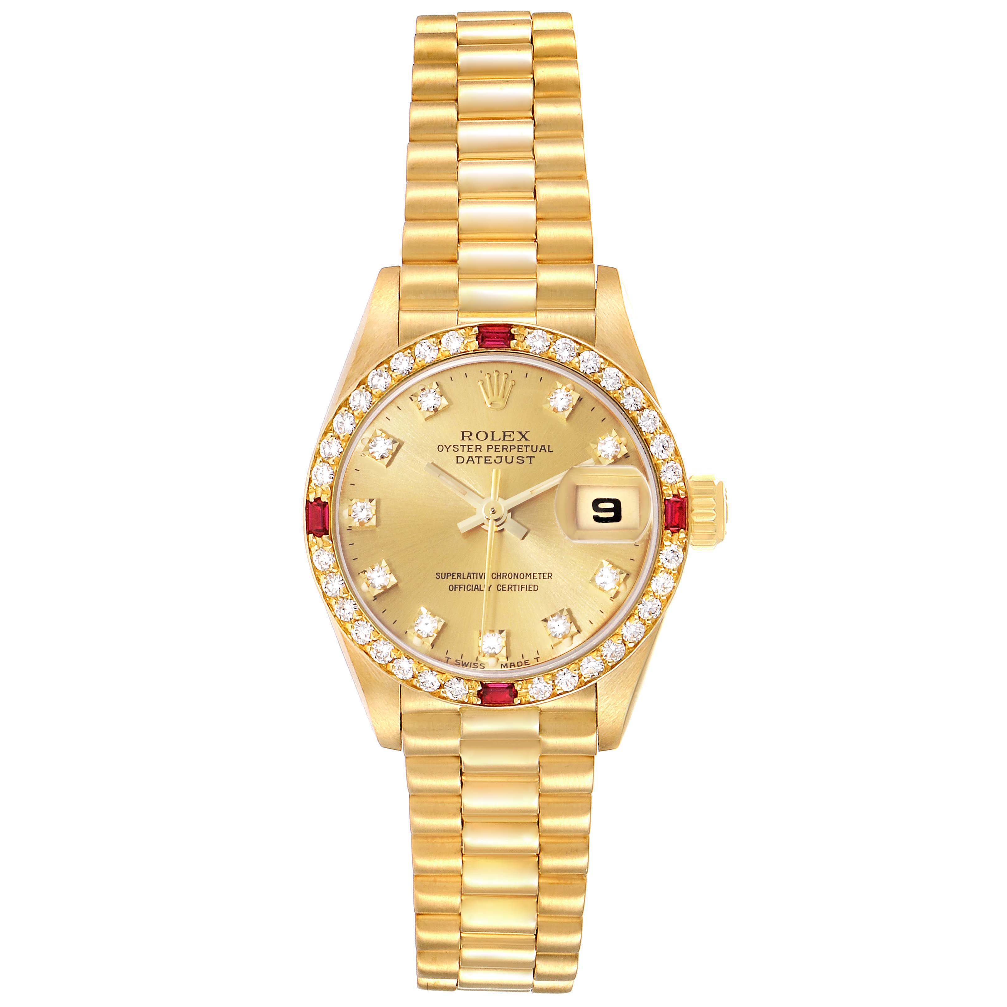 This image shows a front view of the Rolex President 69068 Women's Yellow Gold Champagne Dial 69068 Women's Yellow Gold Champagne Dial model watch, highlighting the dial, bezel, and bracelet.