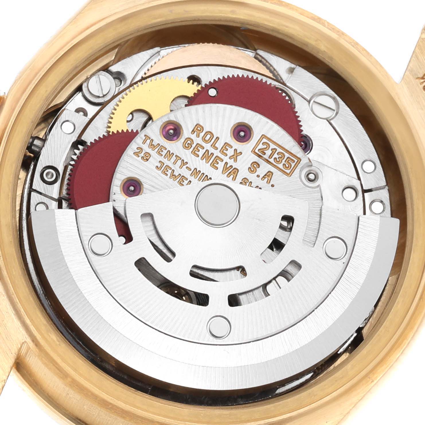 This image shows the internal movement parts of a Rolex President 69068 Women's Yellow Gold Champagne Dial 69068 Women's Yellow Gold Champagne Dial model watch from a top-down angle.