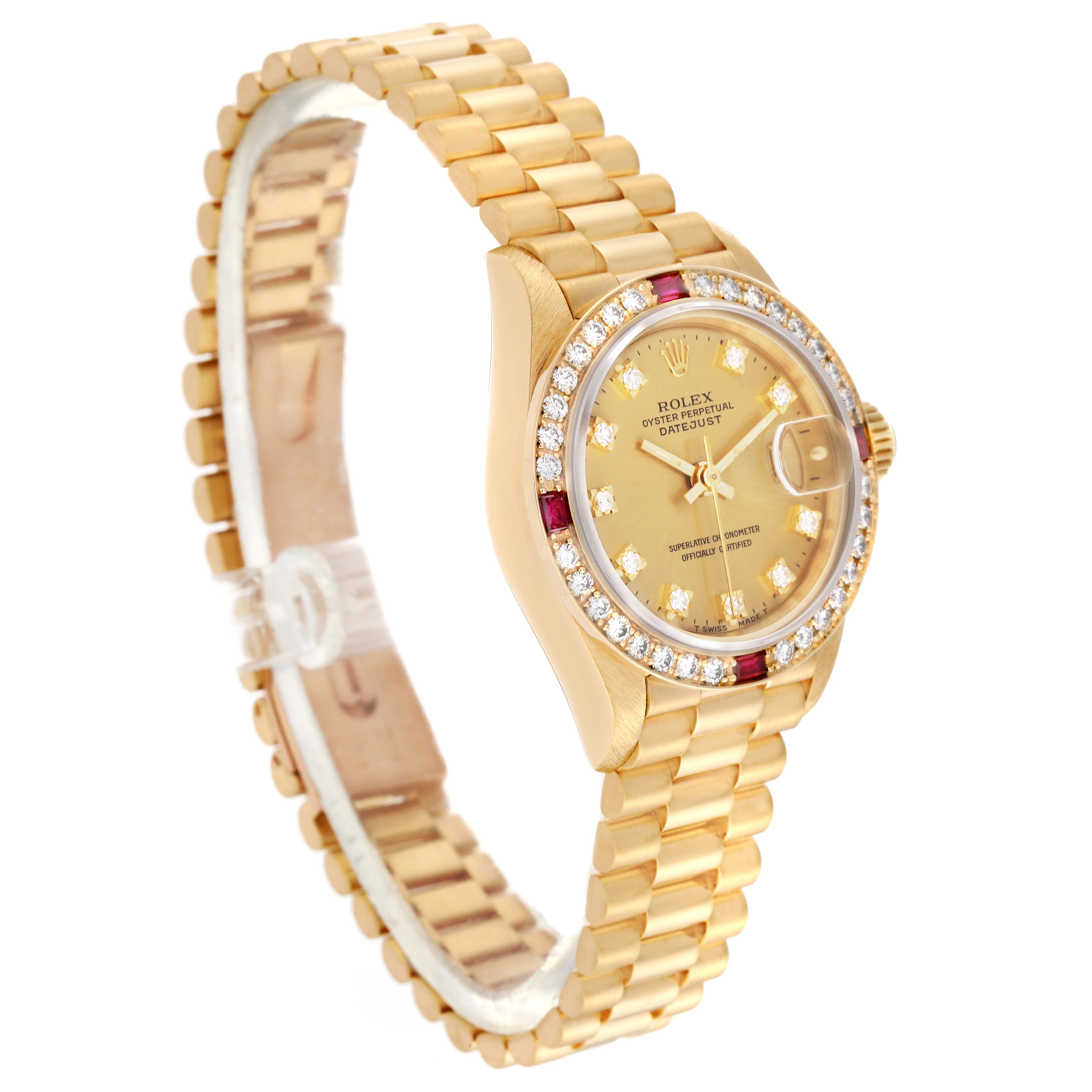 The image shows a side angle of a Rolex President 69068 Women's Yellow Gold Champagne Dial 69068 Women's Yellow Gold Champagne Dial model watch, highlighting its gold bracelet, bezel, and dial.