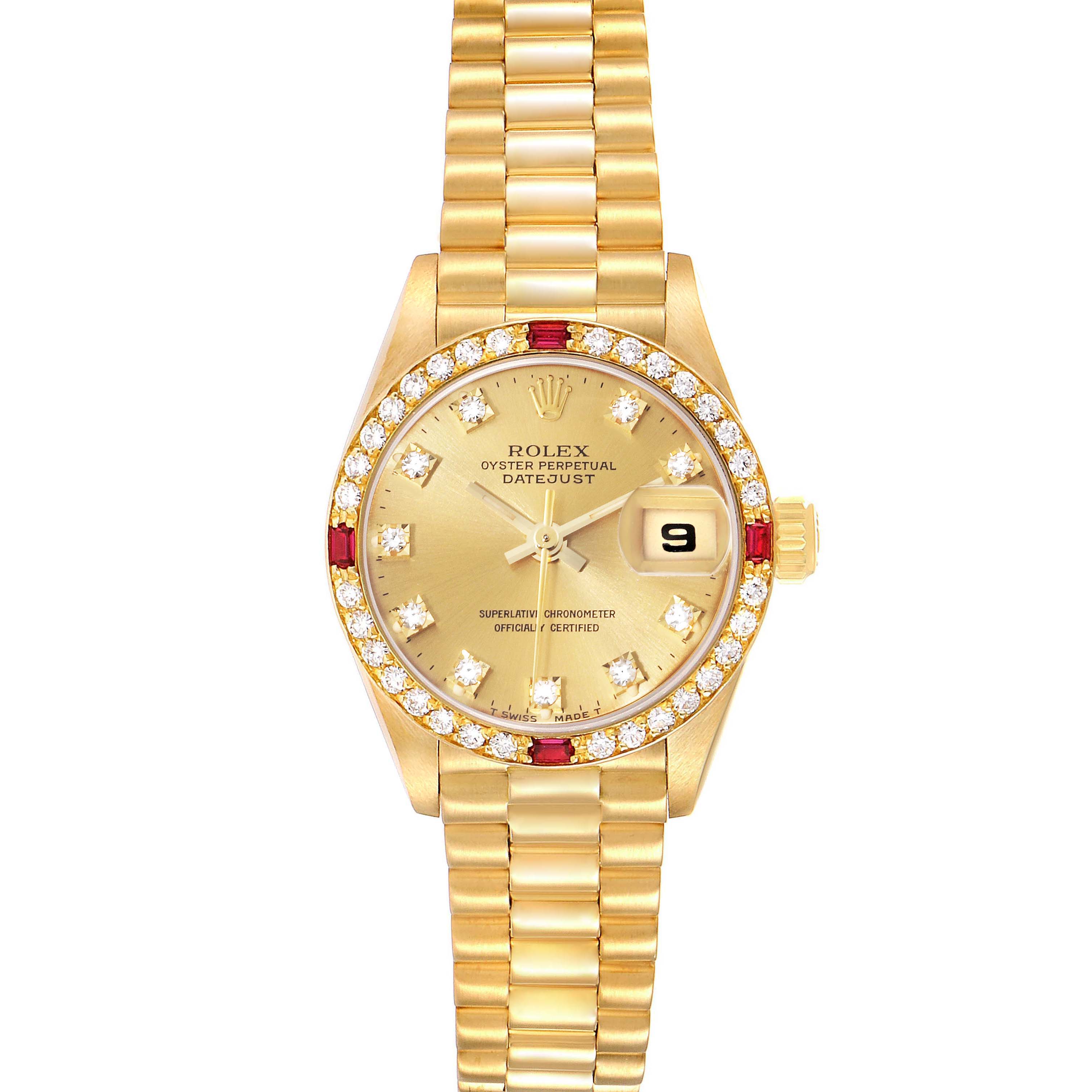 This image shows the Rolex President 69068 Women's Yellow Gold Champagne Dial 69068 Women's Yellow Gold Champagne Dial model watch from a top-down angle, highlighting its gold bracelet, bejeweled bezel, and date display.
