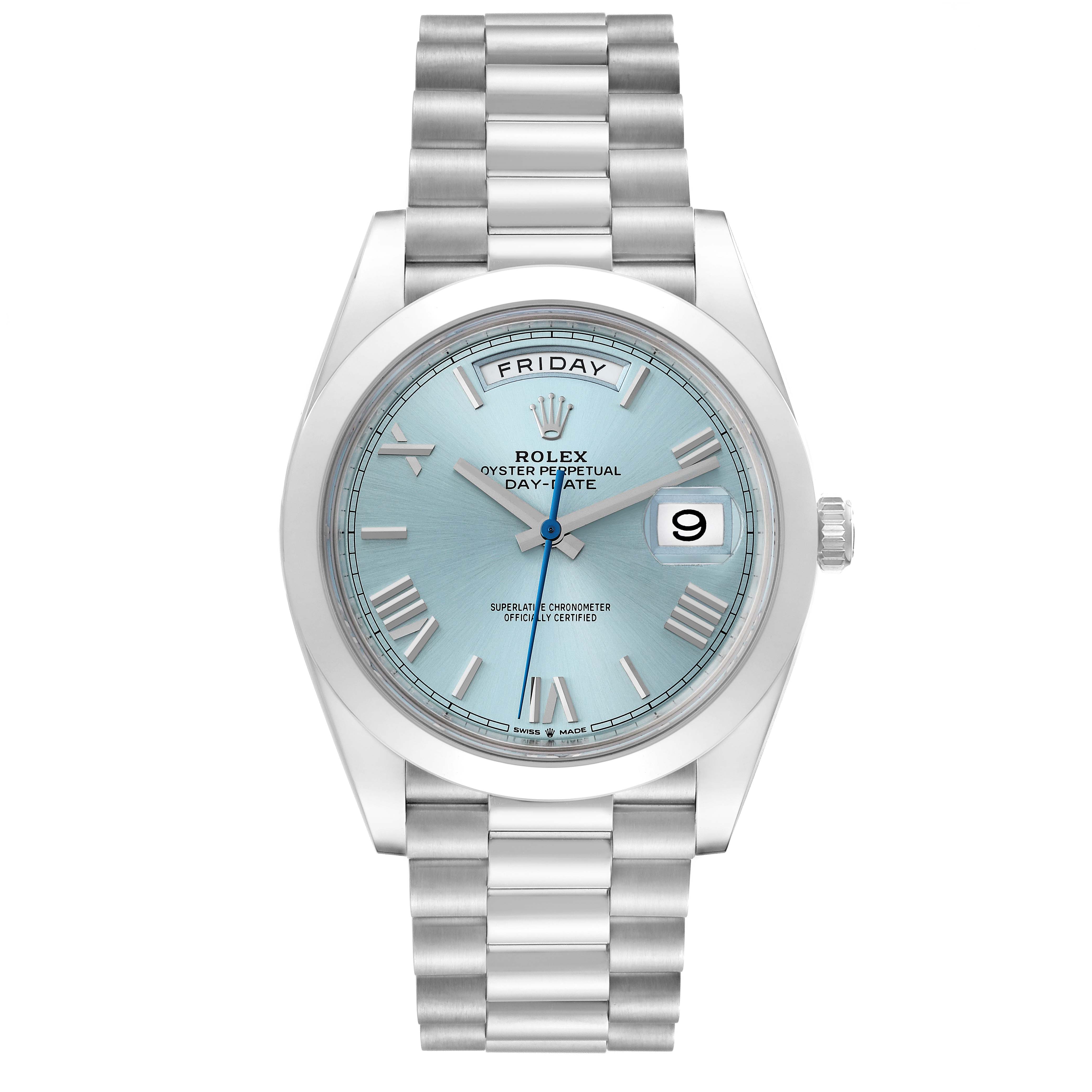 This image shows a front view of a Rolex President 228206 Men's Platinum Blue Dial 228206 Men's Platinum Blue Dial model watch featuring the face, bezel, and bracelet.
